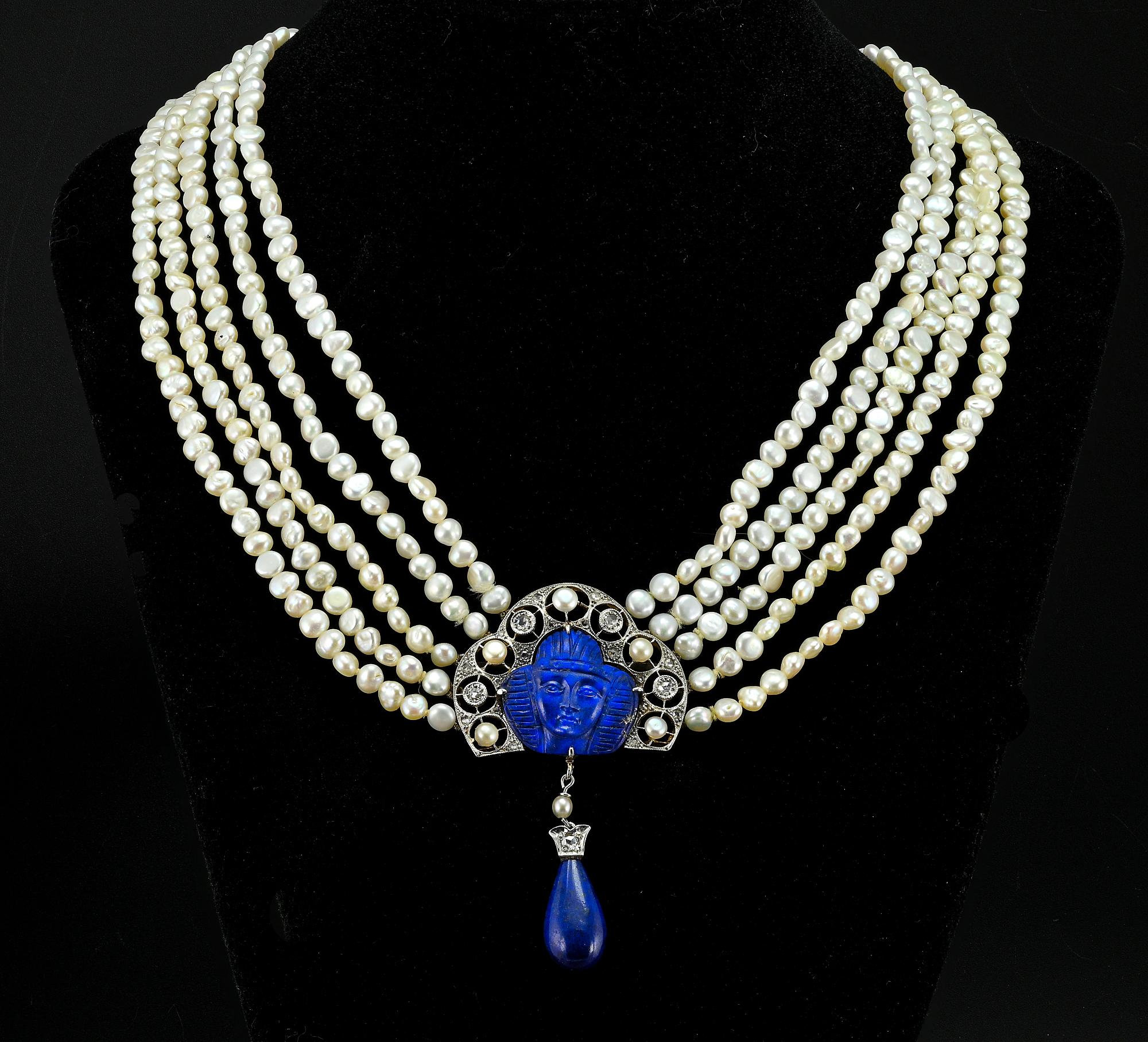 Rose Cut Art Deco Egyptian Revival Lapis Diamond Pearl Necklace For Sale