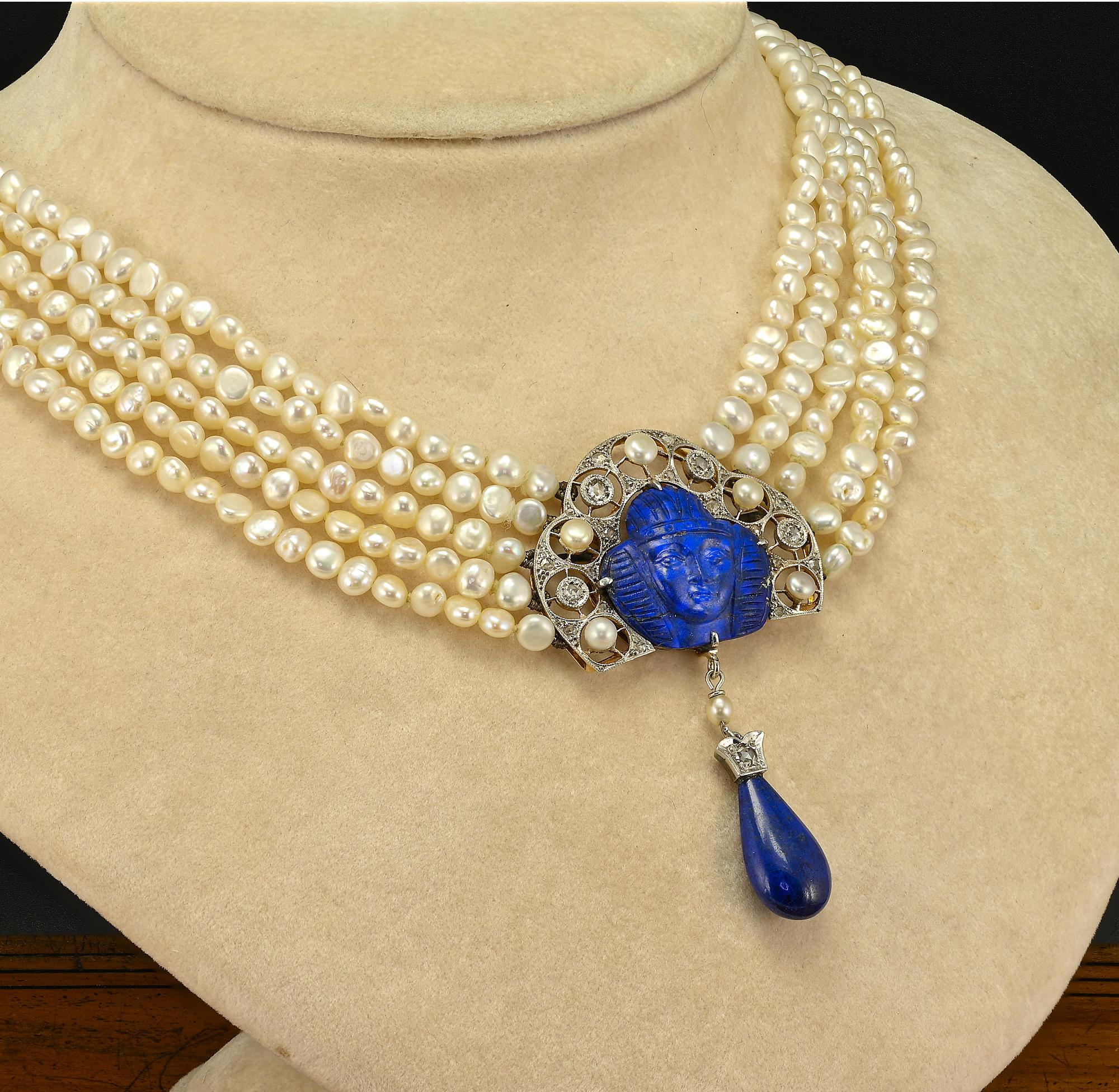 Art Deco Egyptian Revival Lapis Diamond Pearl Necklace In Good Condition For Sale In Napoli, IT