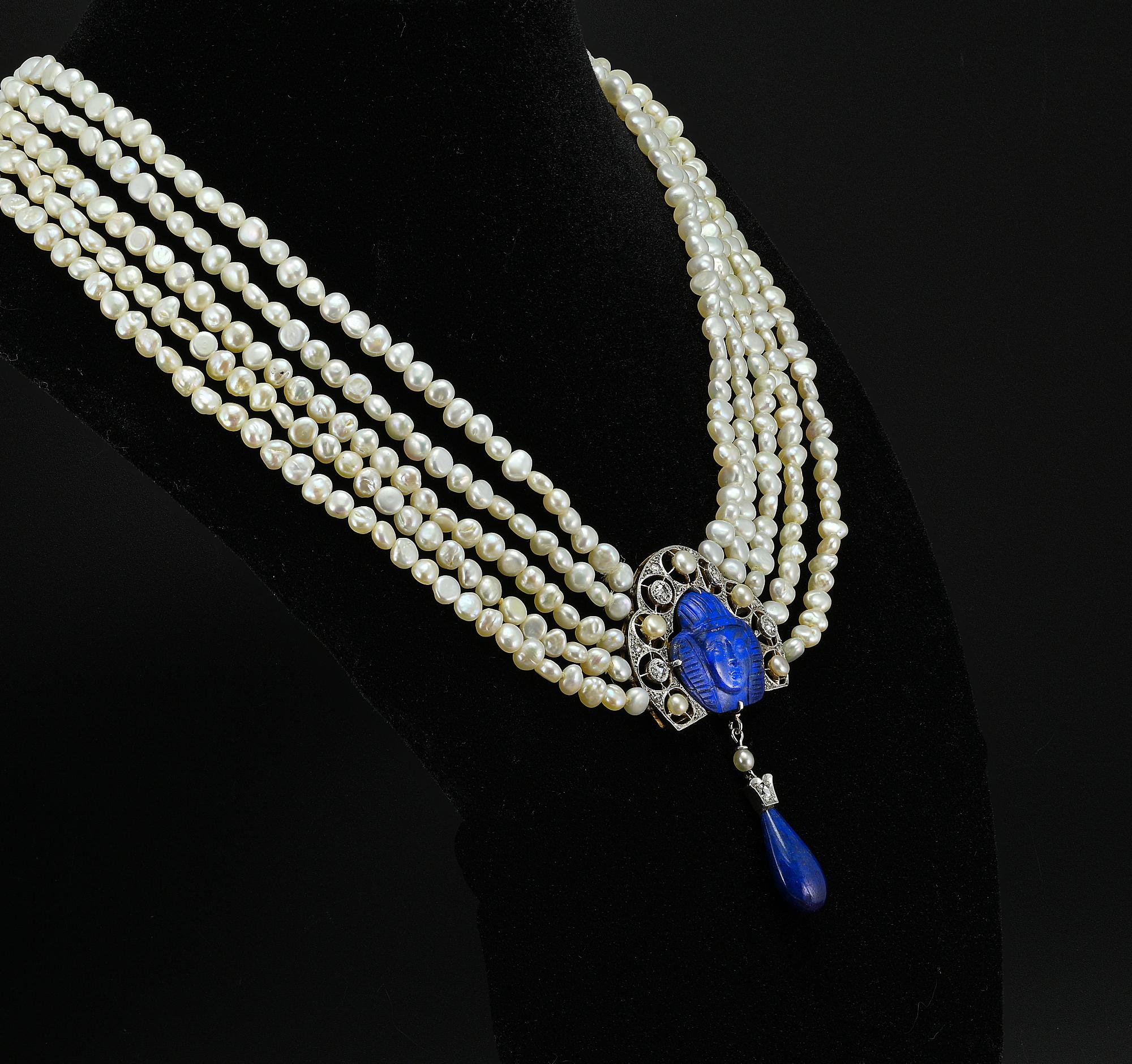 Art Deco Ägyptische Revival Lapislazuli-Diamant-Perlenkette im Zustand „Gut“ im Angebot in Napoli, IT