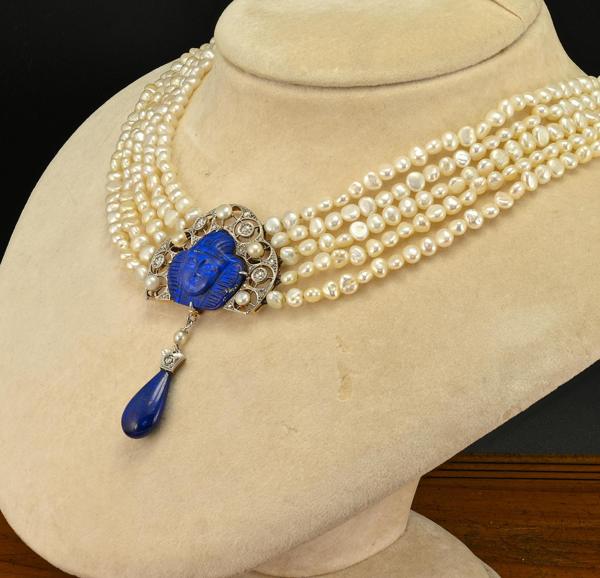 Art Deco Ägyptische Revival Lapislazuli-Diamant-Perlenkette Damen im Angebot