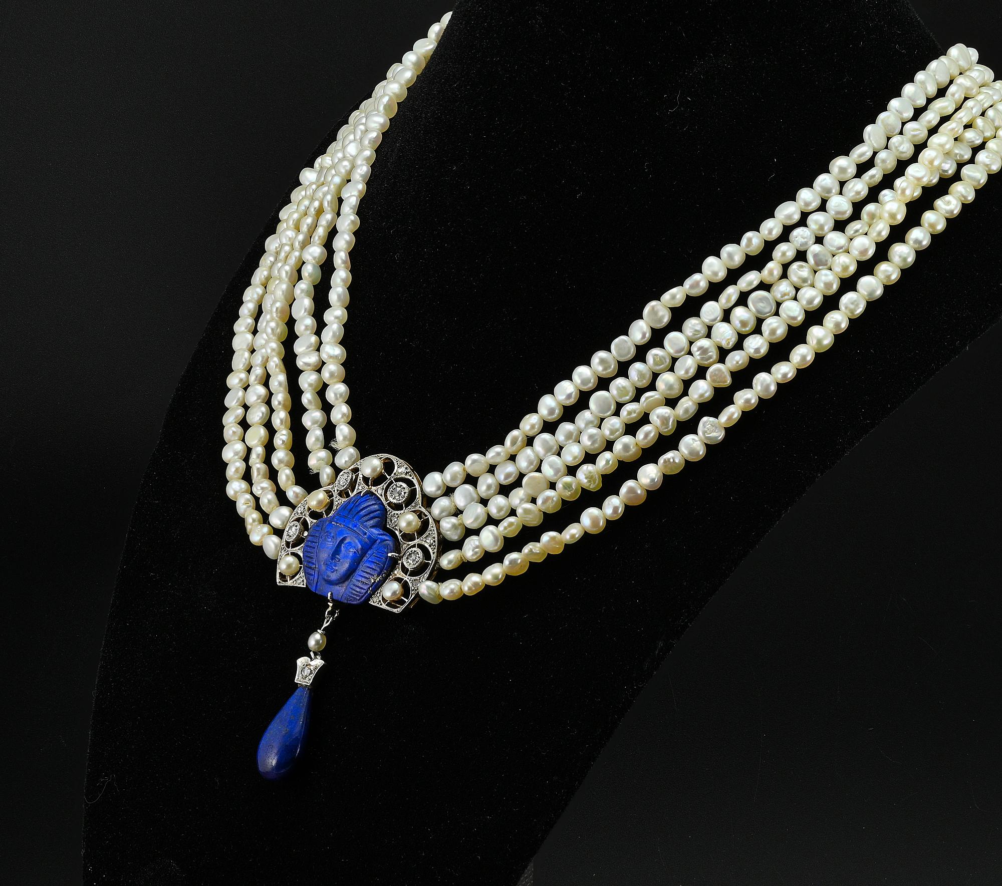 Art Deco Ägyptische Revival Lapislazuli-Diamant-Perlenkette im Angebot 1