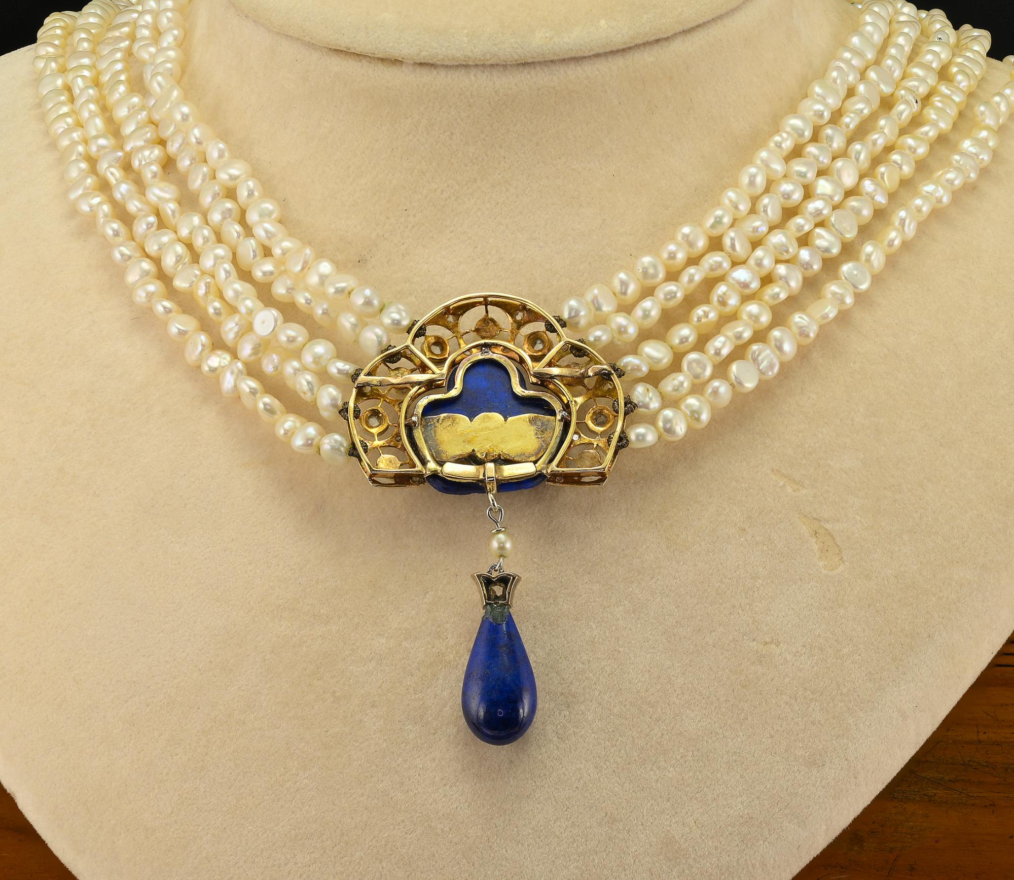 Art Deco Egyptian Revival Lapis Diamond Pearl Necklace For Sale 3