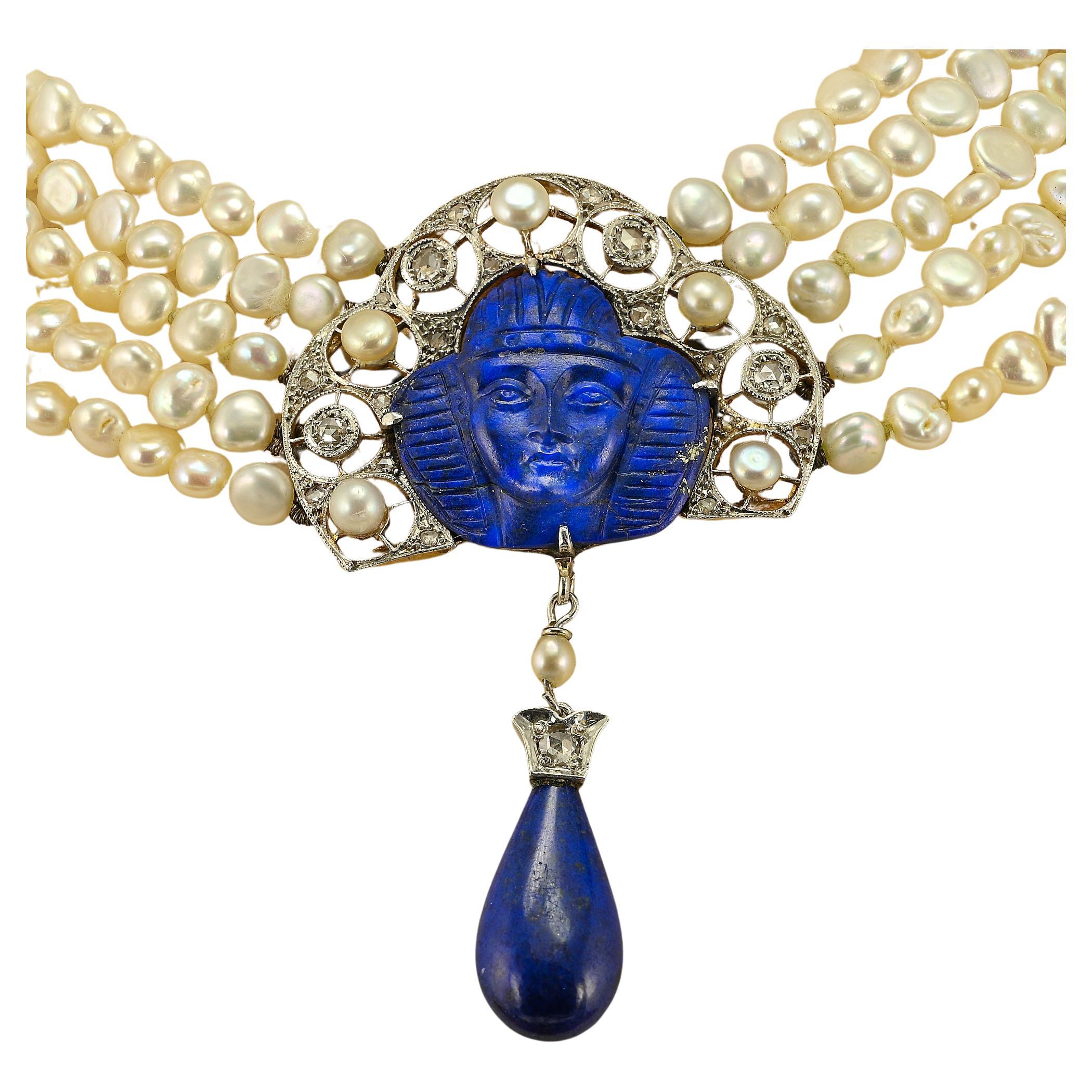 Art Deco Egyptian Revival Lapis Diamond Pearl Necklace