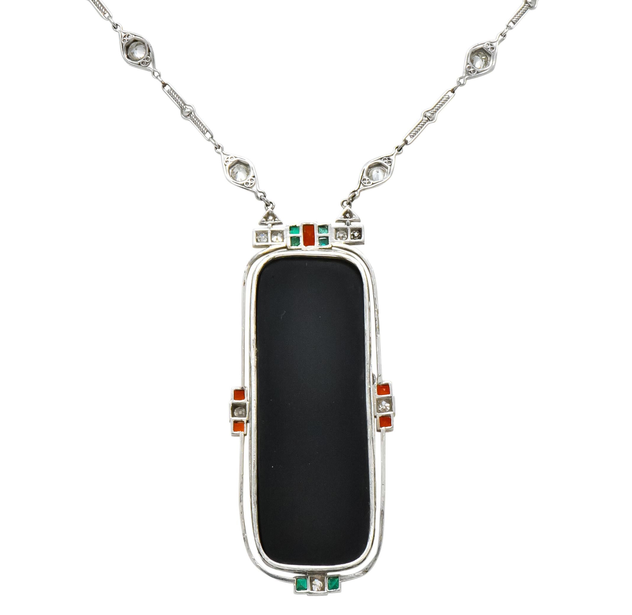 Art Deco Egyptian Revival Platinum Carved Crystal Diamond Emerald Coral Necklace In Excellent Condition In Philadelphia, PA