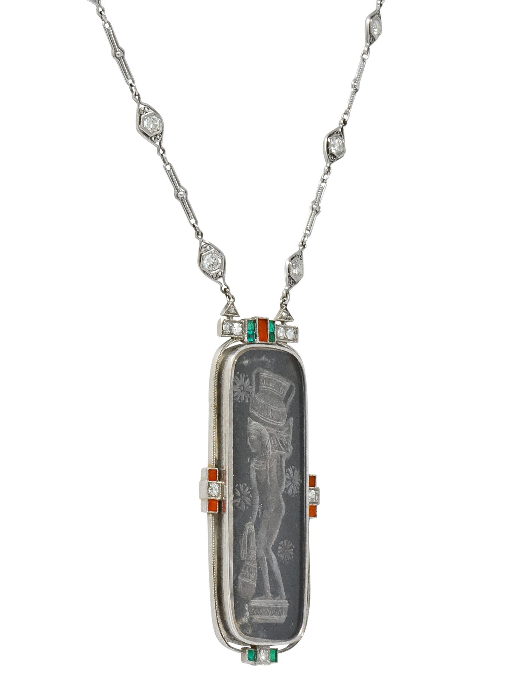 Art Deco Egyptian Revival Platinum Carved Crystal Diamond Emerald Coral Necklace 3