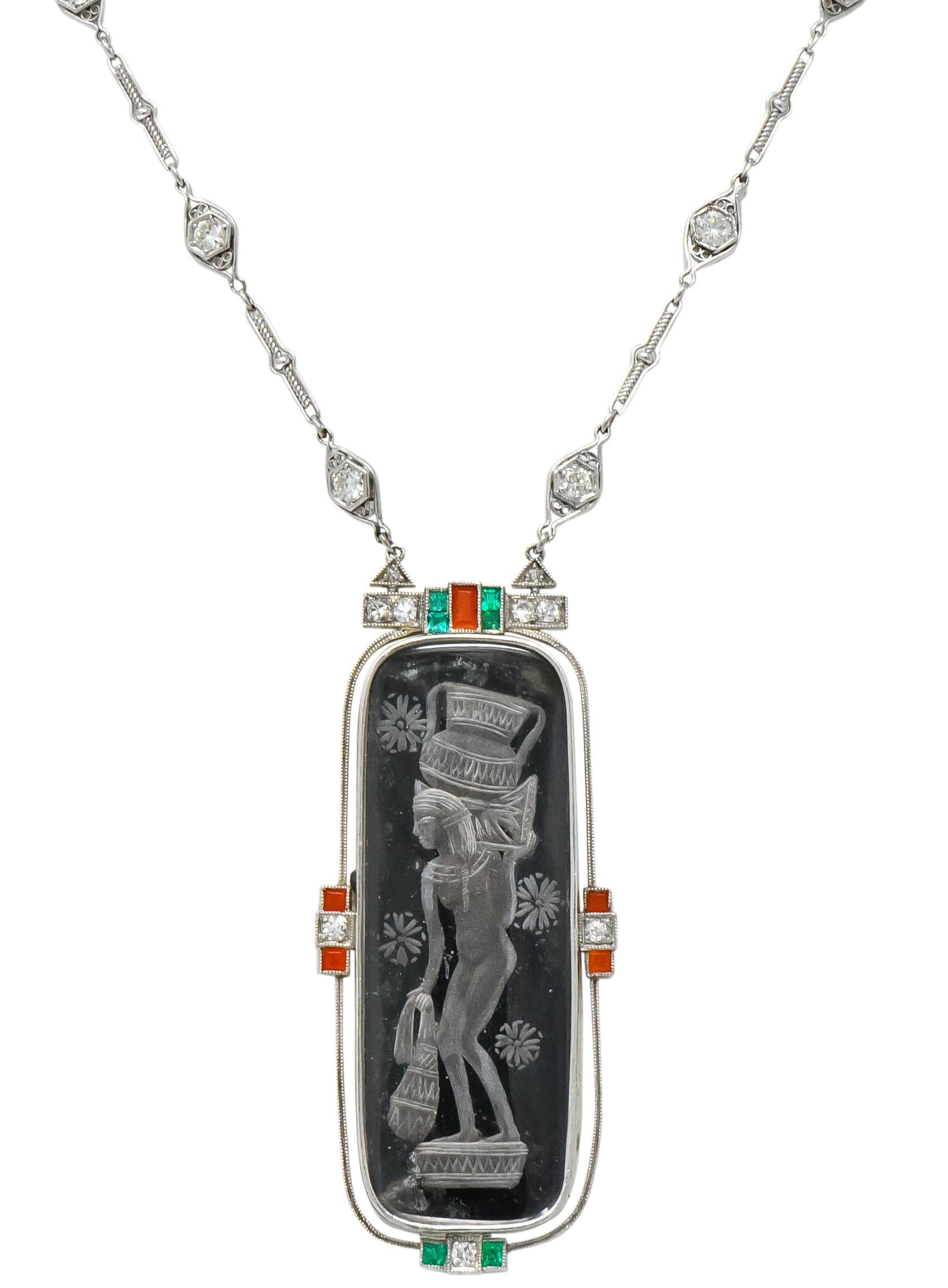 Art Deco Egyptian Revival Platinum Carved Crystal Diamond Emerald Coral Necklace 5