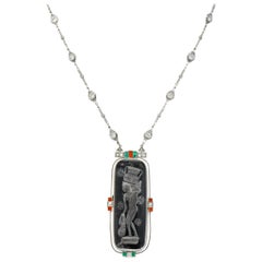 Art Deco Egyptian Revival Platinum Carved Crystal Diamond Emerald Coral Necklace
