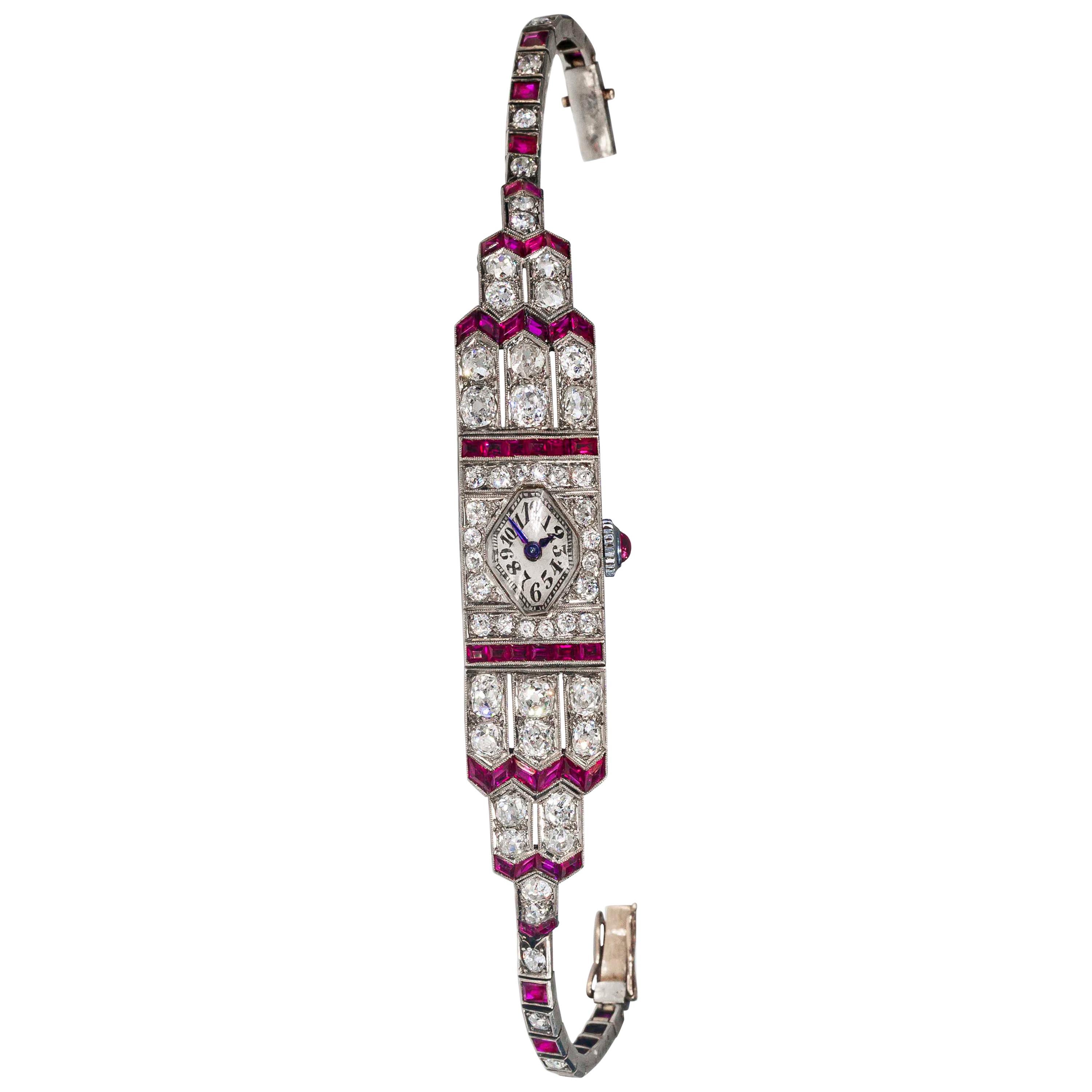 Art Deco Egyptian Revival Platinum Ruby Diamond IWC 14 Carat Diamond Watch