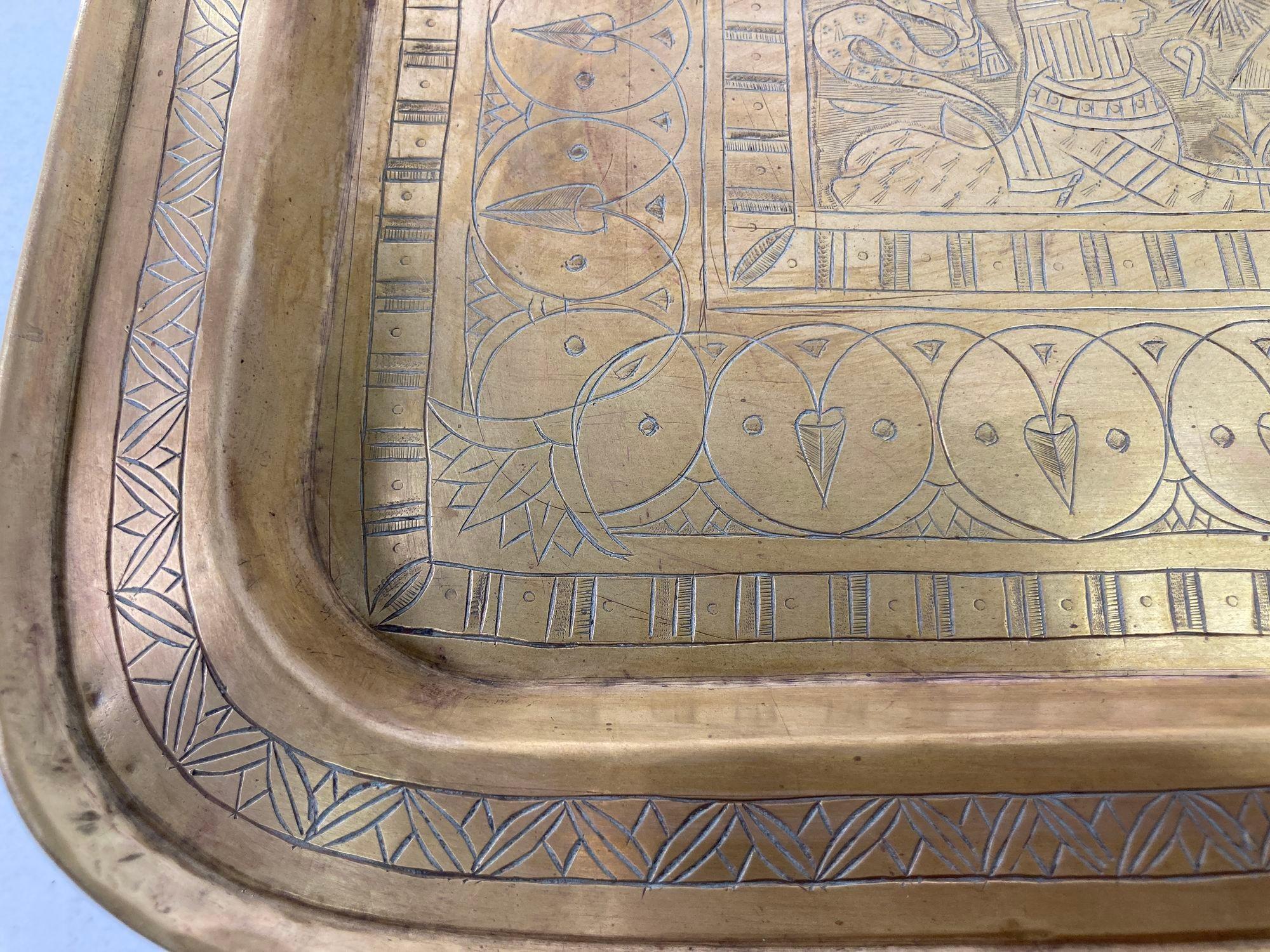 Art Deco Egyptian Revival Rectangular Antique Brass Tray, 1920s For Sale 9