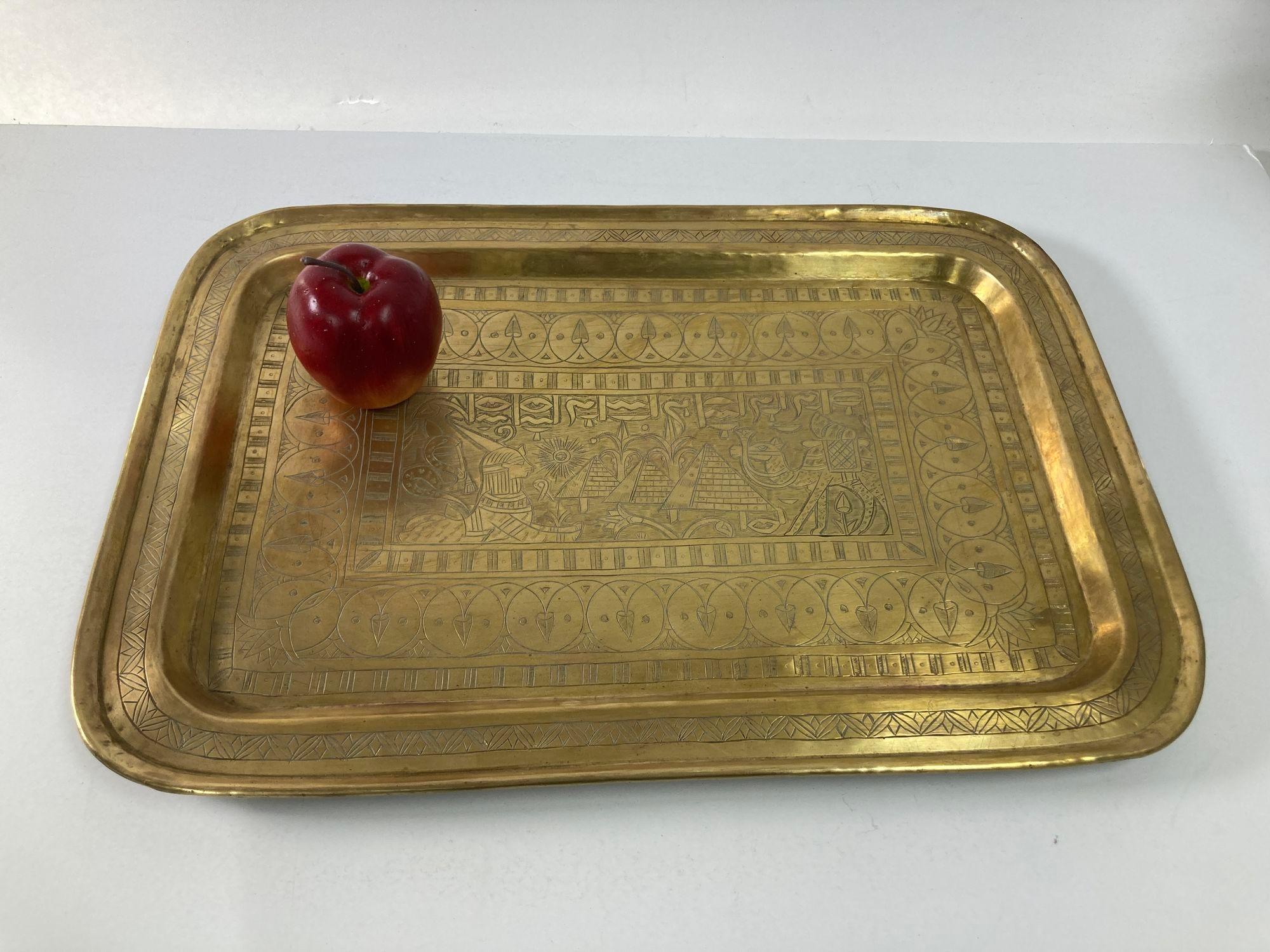 Etched Art Deco Egyptian Revival Rectangular Antique Brass Tray, 1920s For Sale
