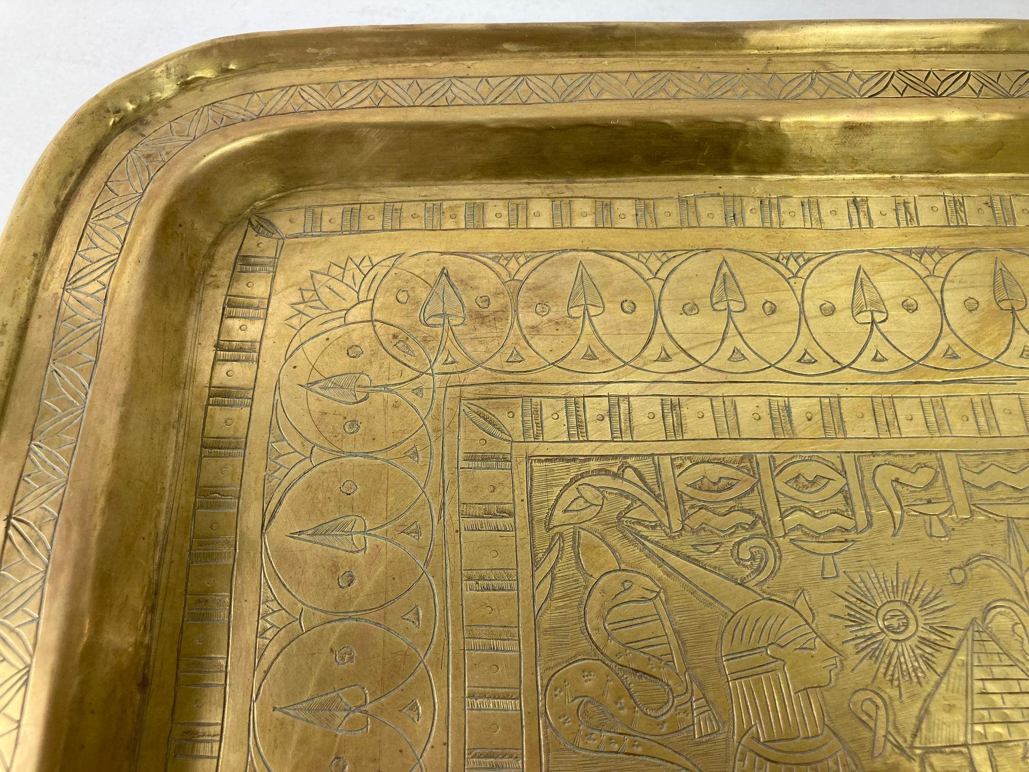 Art Deco Egyptian Revival Rectangular Antique Brass Tray, 1920s In Good Condition For Sale In North Hollywood, CA