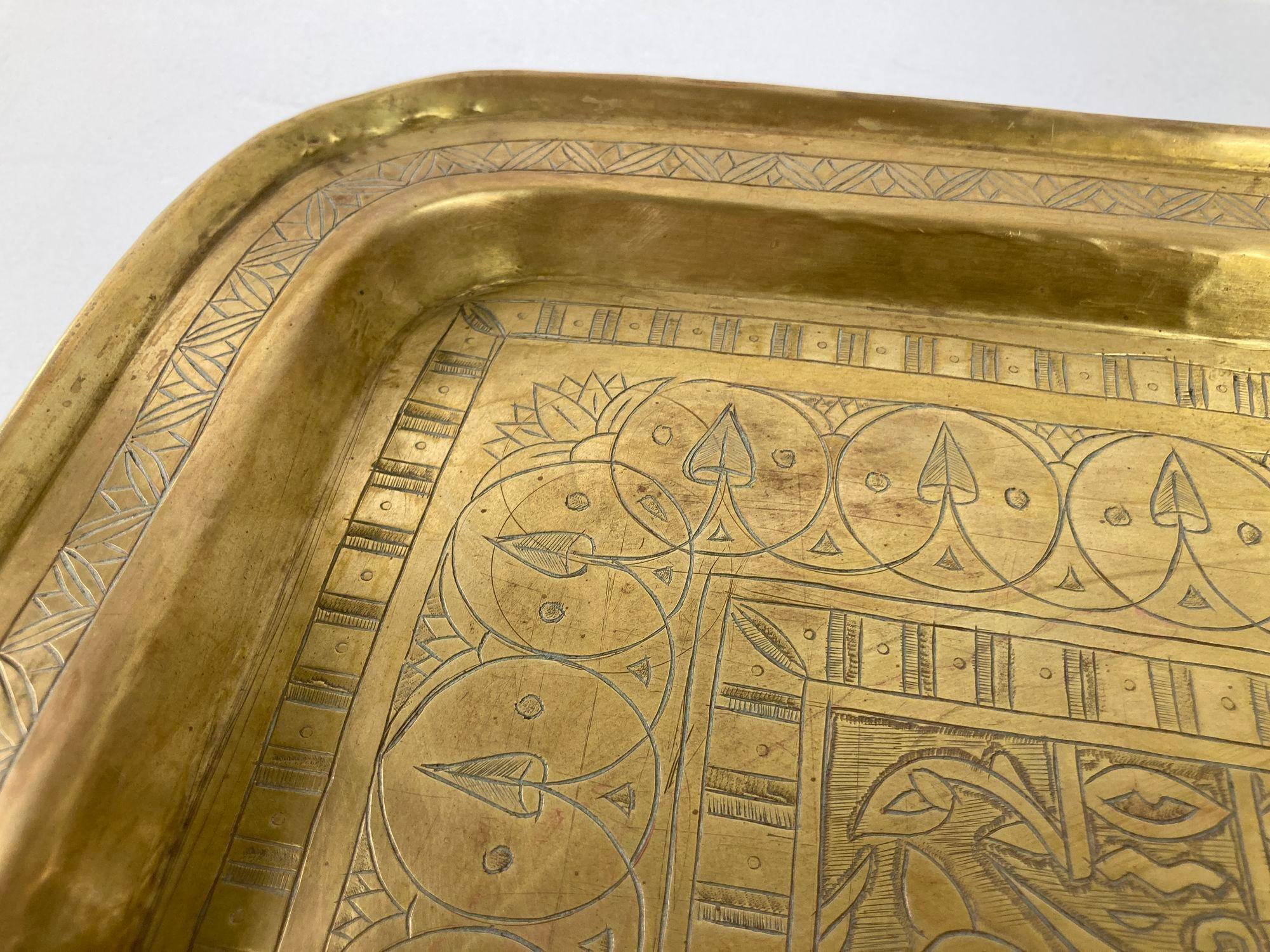 20th Century Art Deco Egyptian Revival Rectangular Antique Brass Tray, 1920s For Sale