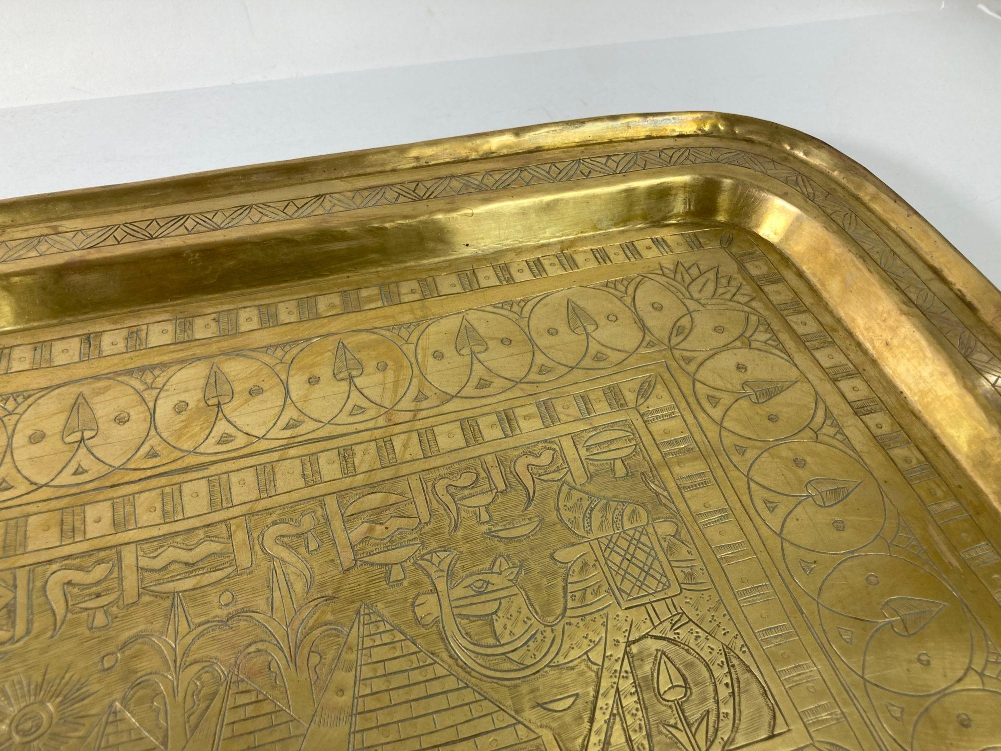 Art Deco Egyptian Revival Rectangular Antique Brass Tray, 1920s For Sale 1