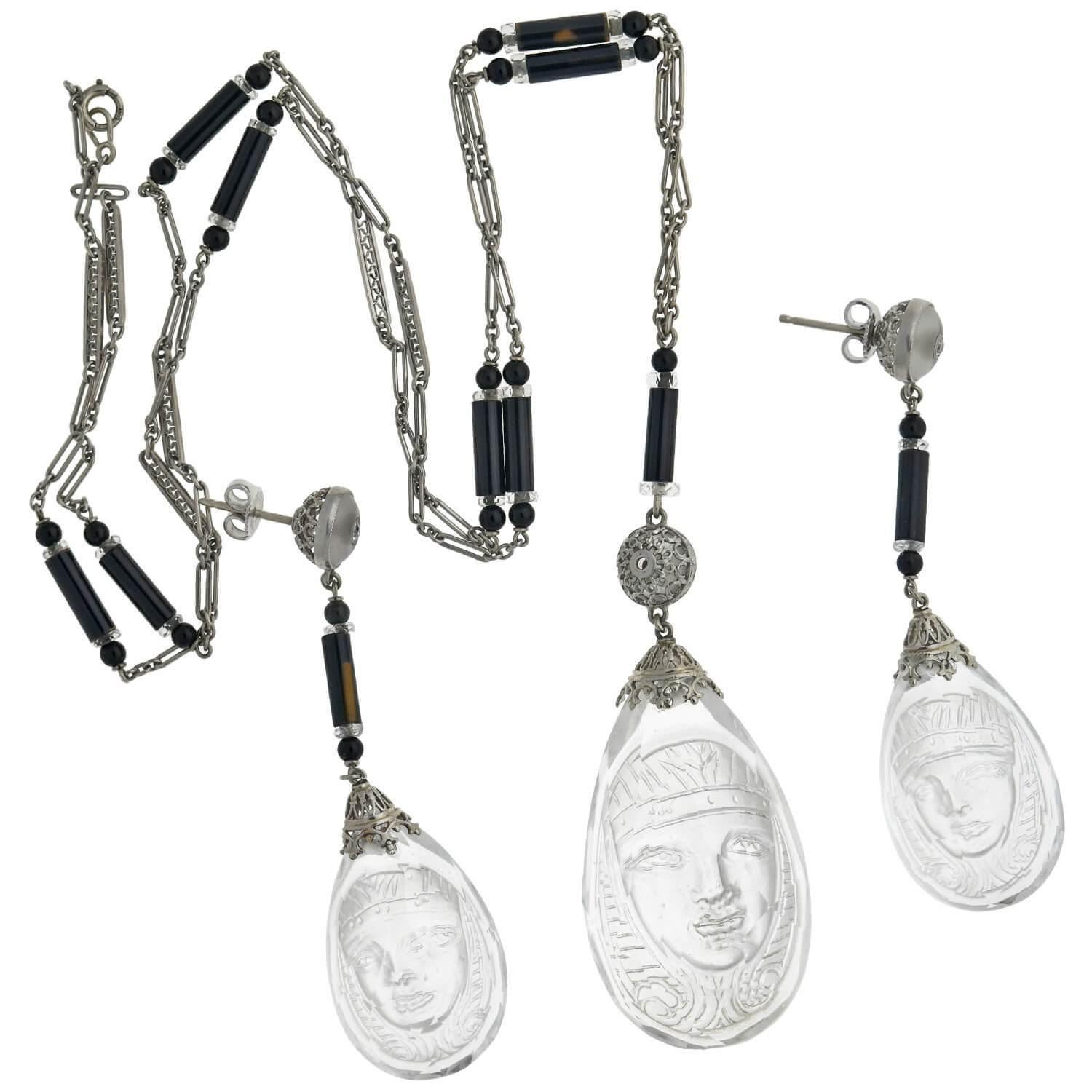 Art Deco Egyptian Revival Rock Crystal, Onyx, Diamond Necklace and Earring Set In Good Condition For Sale In Narberth, PA