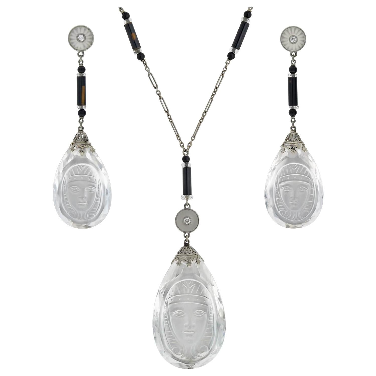 Art Deco Egyptian Revival Rock Crystal, Onyx, Diamond Necklace and Earring Set For Sale