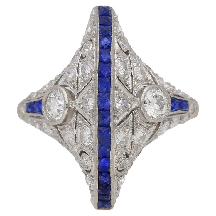 Art Deco Egyptian Revival sapphire and diamond ring, circa 1935.