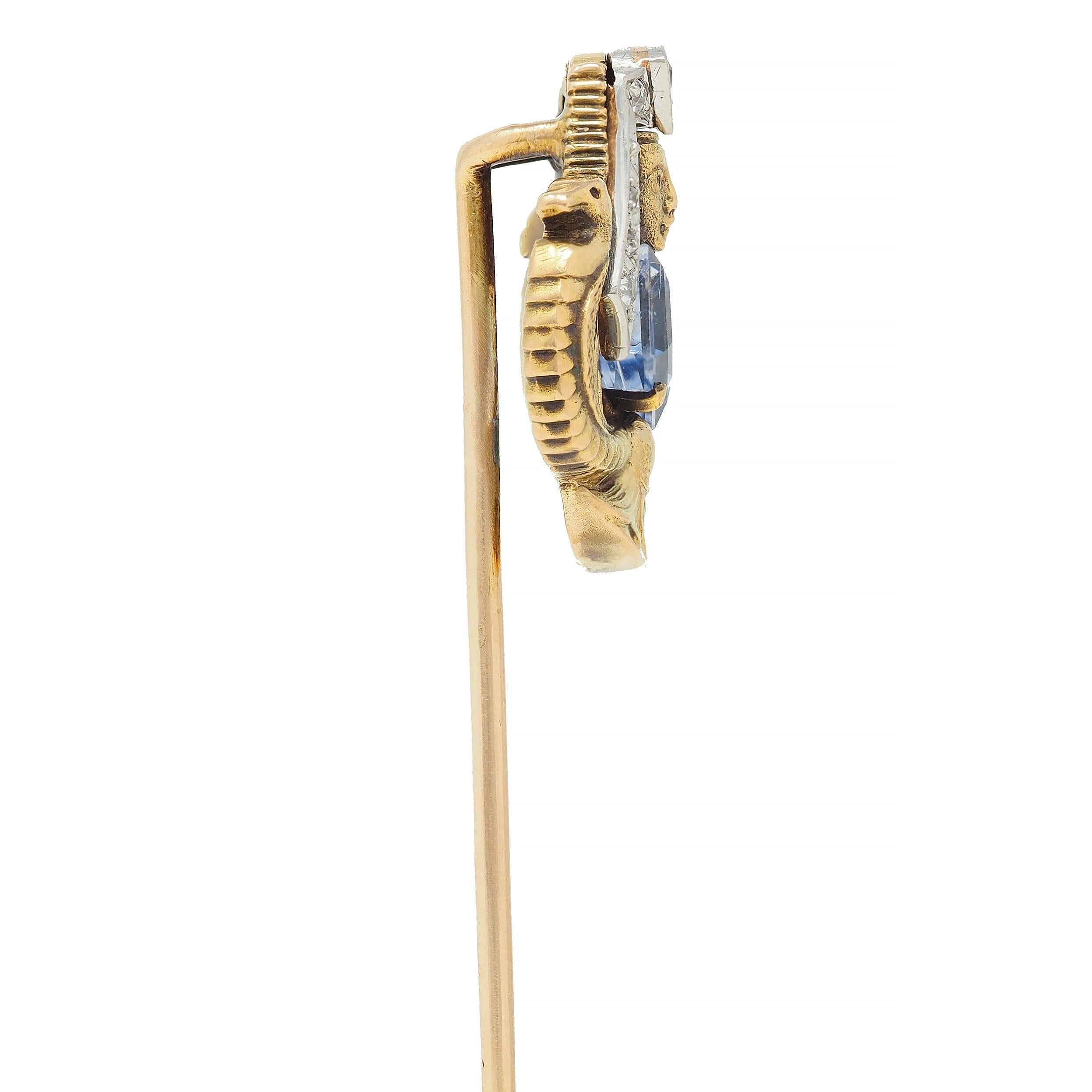 Mixed Cut Art Deco Egyptian Revival Sapphire Diamond Platinum 18 Karat Gold Stickpin For Sale