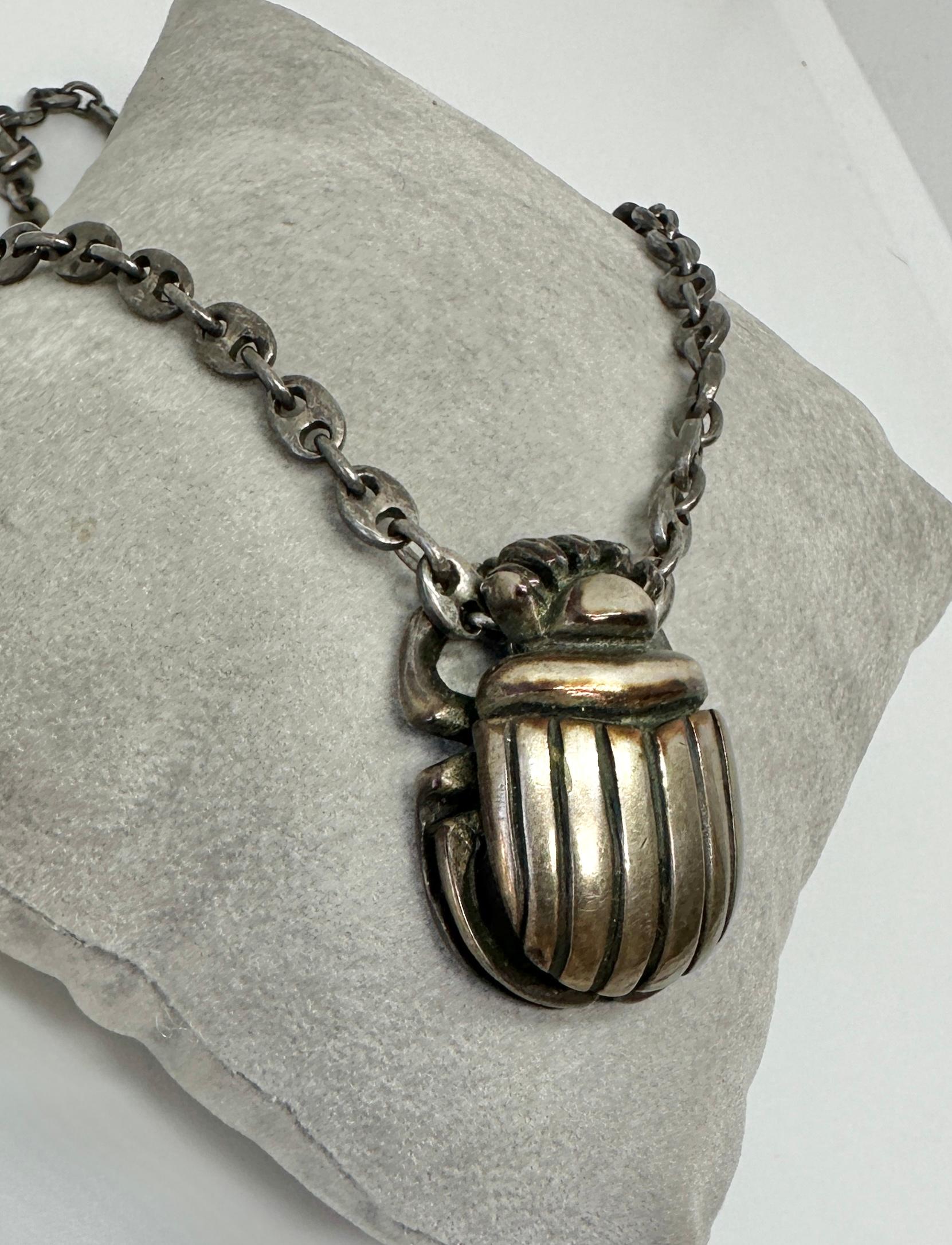 Art Deco Egyptian Revival Scarab Pendant Necklace Sterling Silver  For Sale 6