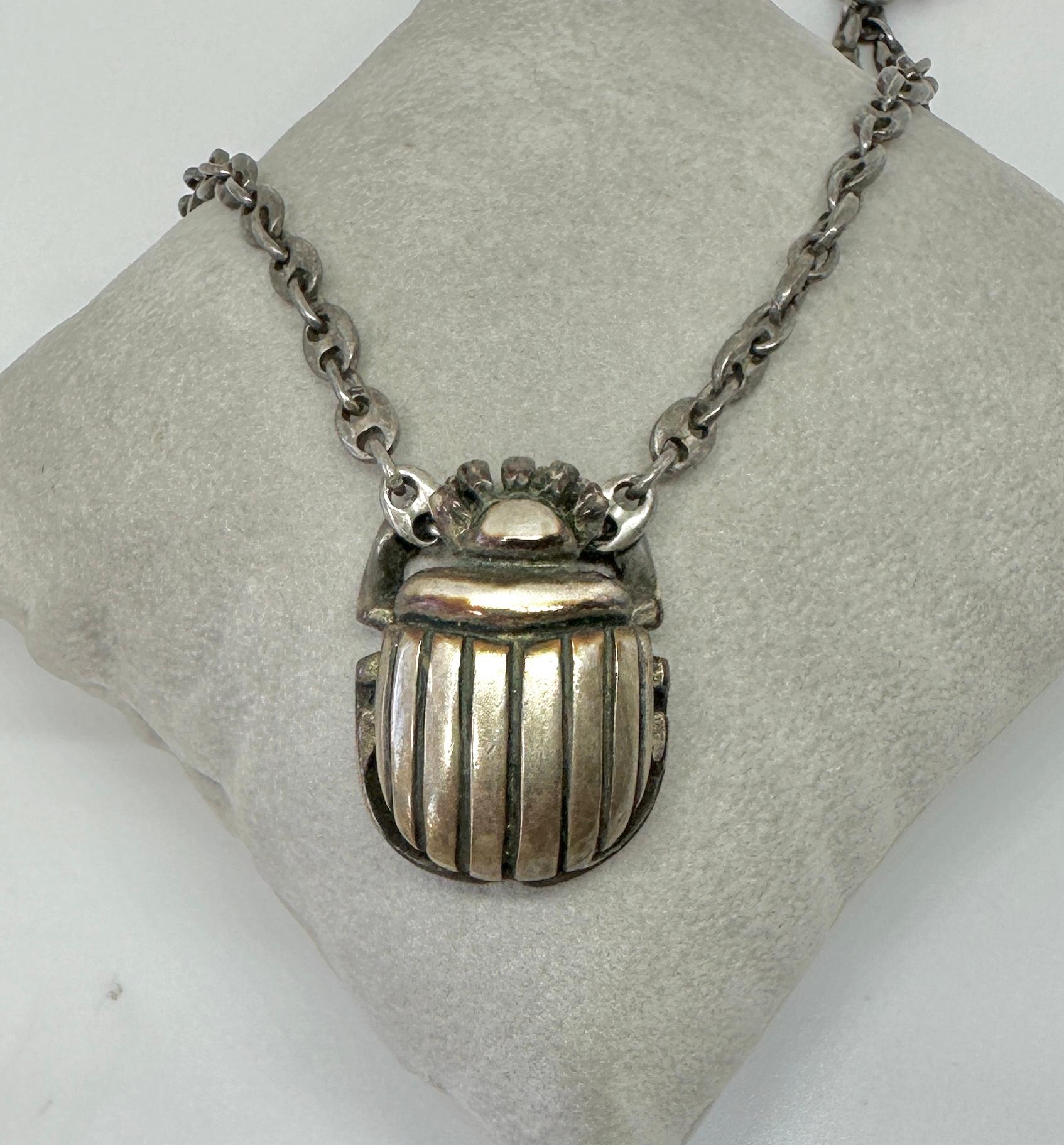 Art Deco Egyptian Revival Scarab Pendant Necklace Sterling Silver  In Excellent Condition For Sale In New York, NY