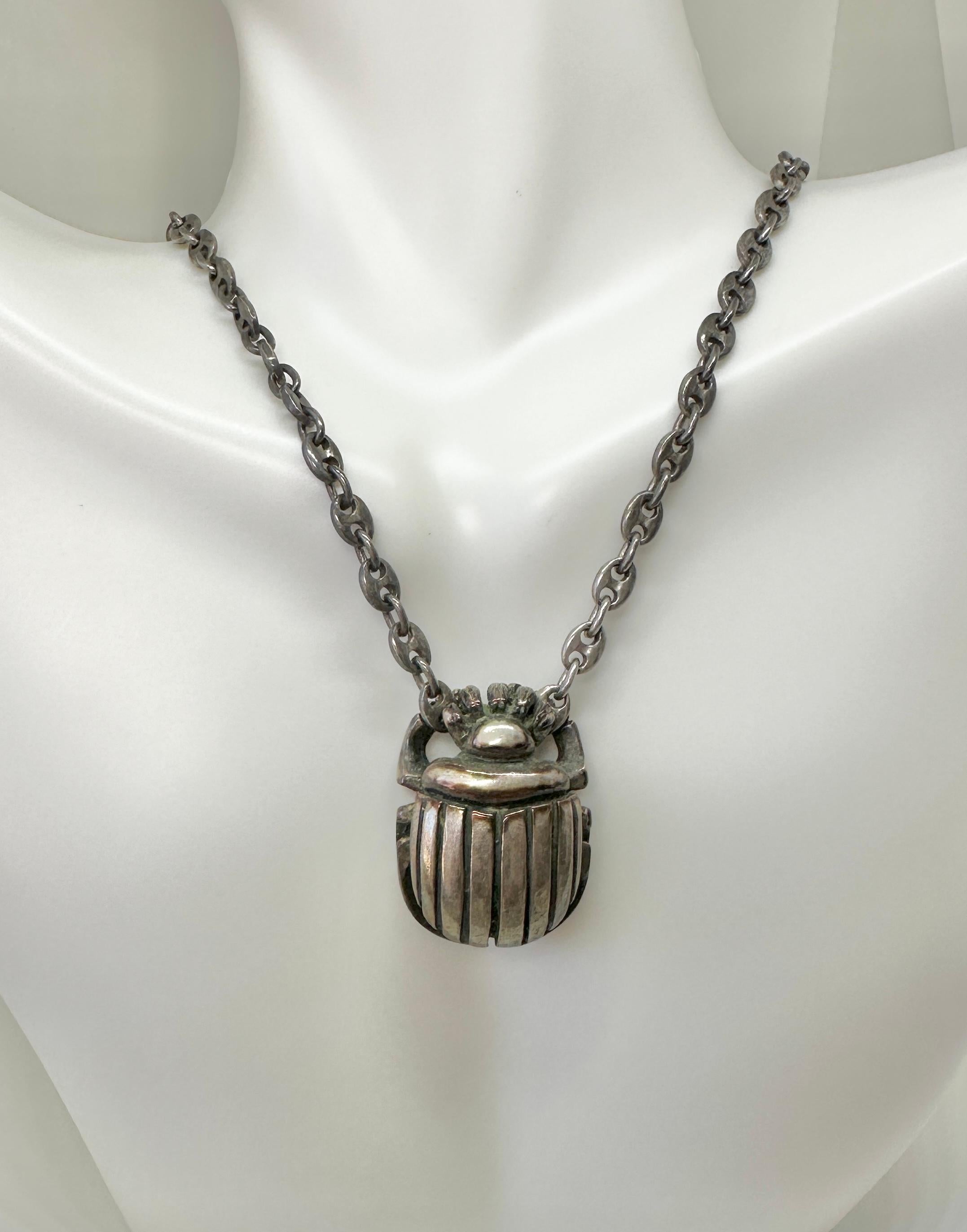 Women's or Men's Art Deco Egyptian Revival Scarab Pendant Necklace Sterling Silver  For Sale