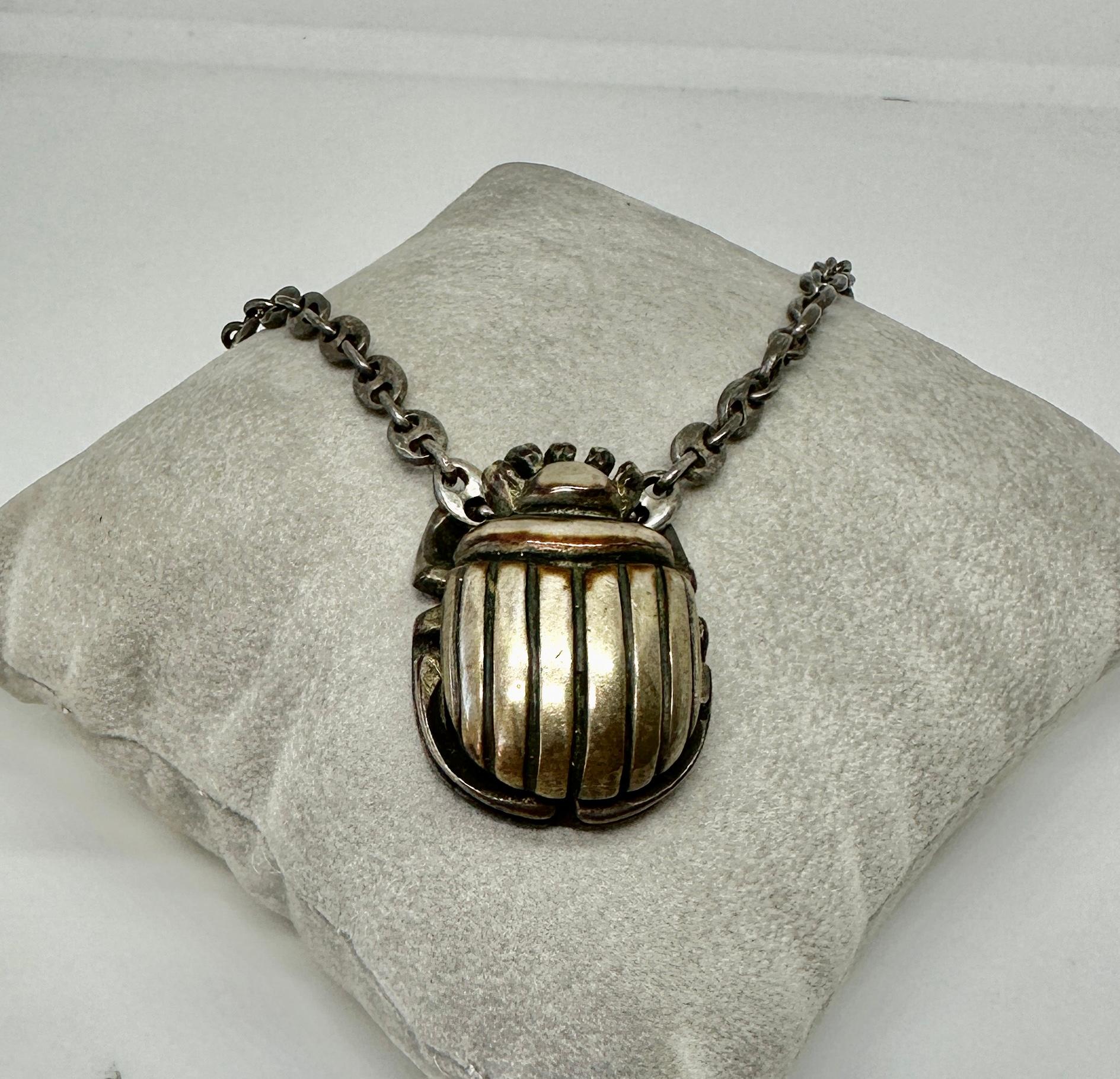 Art Deco Egyptian Revival Scarab Pendant Necklace Sterling Silver  For Sale 1