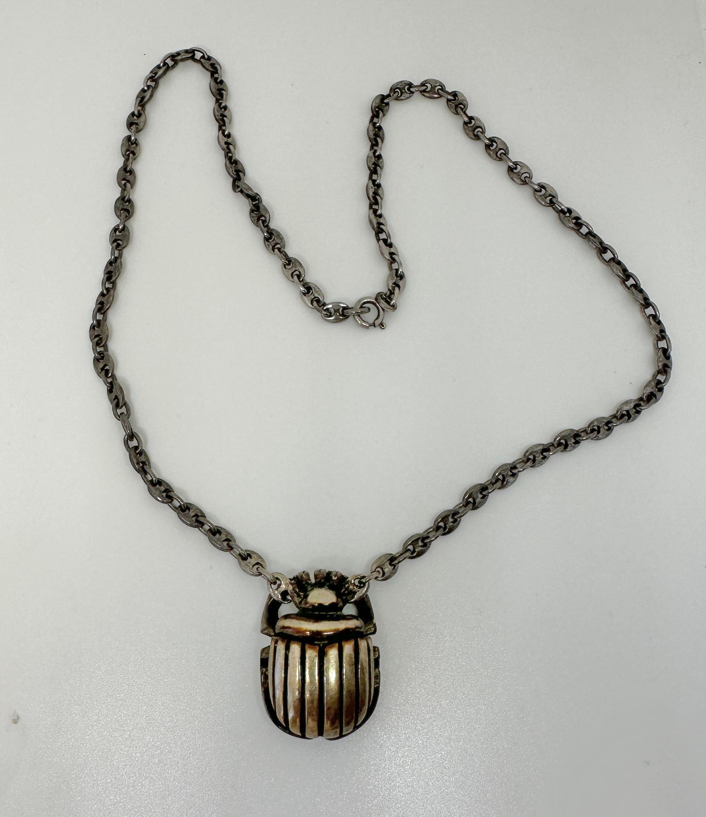 Art Deco Egyptian Revival Scarab Pendant Necklace Sterling Silver For Sale 2