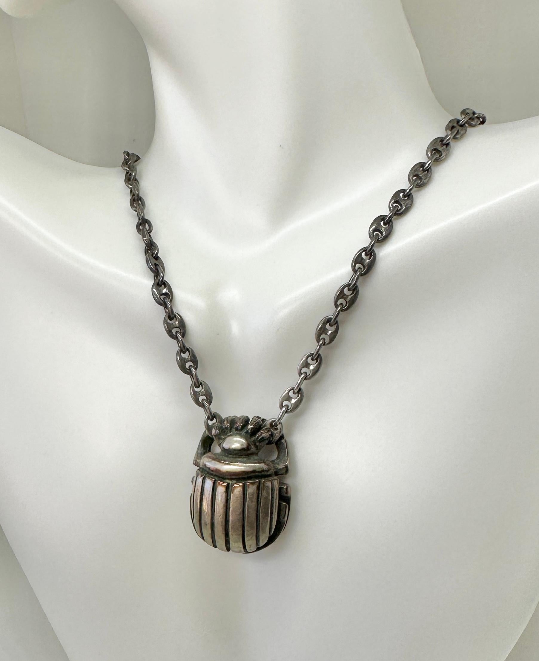 Art Deco Egyptian Revival Scarab Pendant Necklace Sterling Silver  For Sale 3