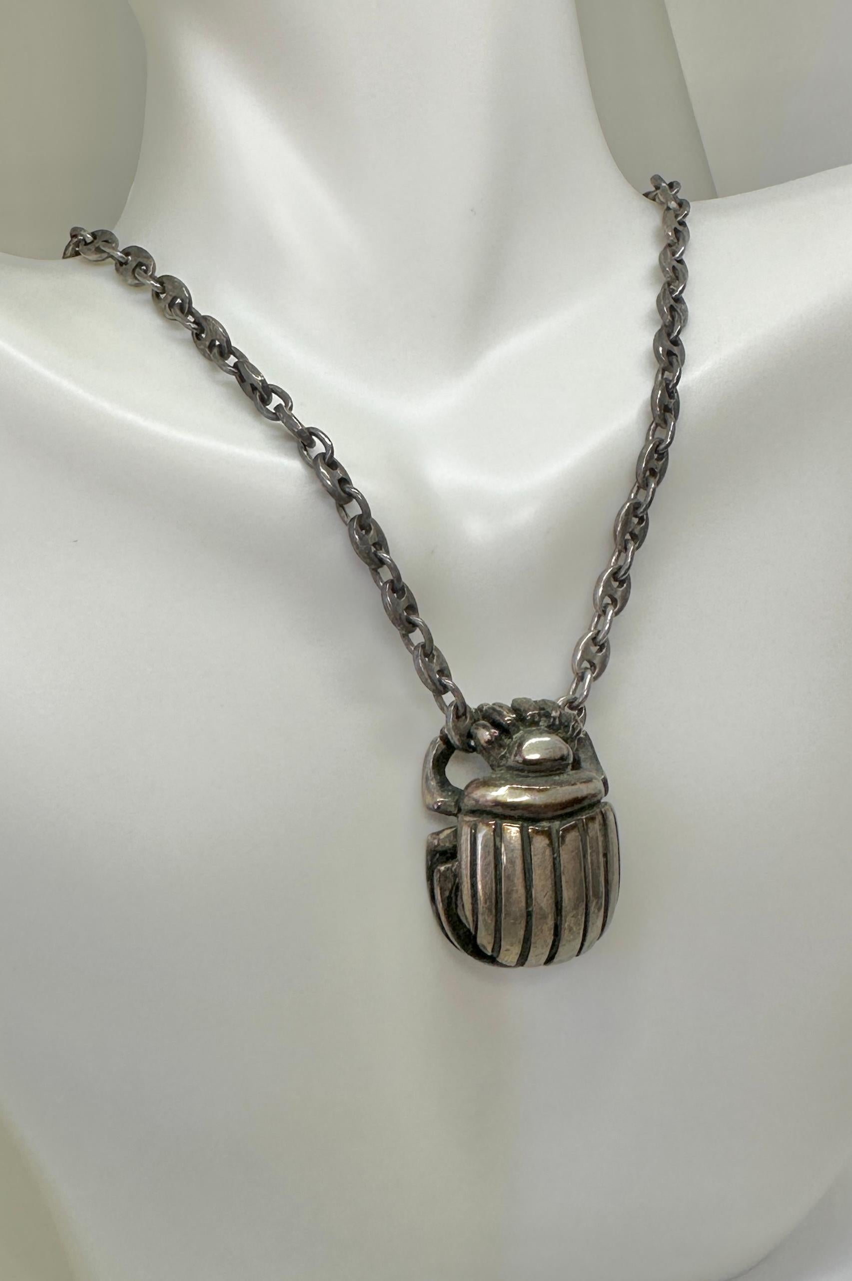 Art Deco Egyptian Revival Scarab Pendant Necklace Sterling Silver  For Sale 4