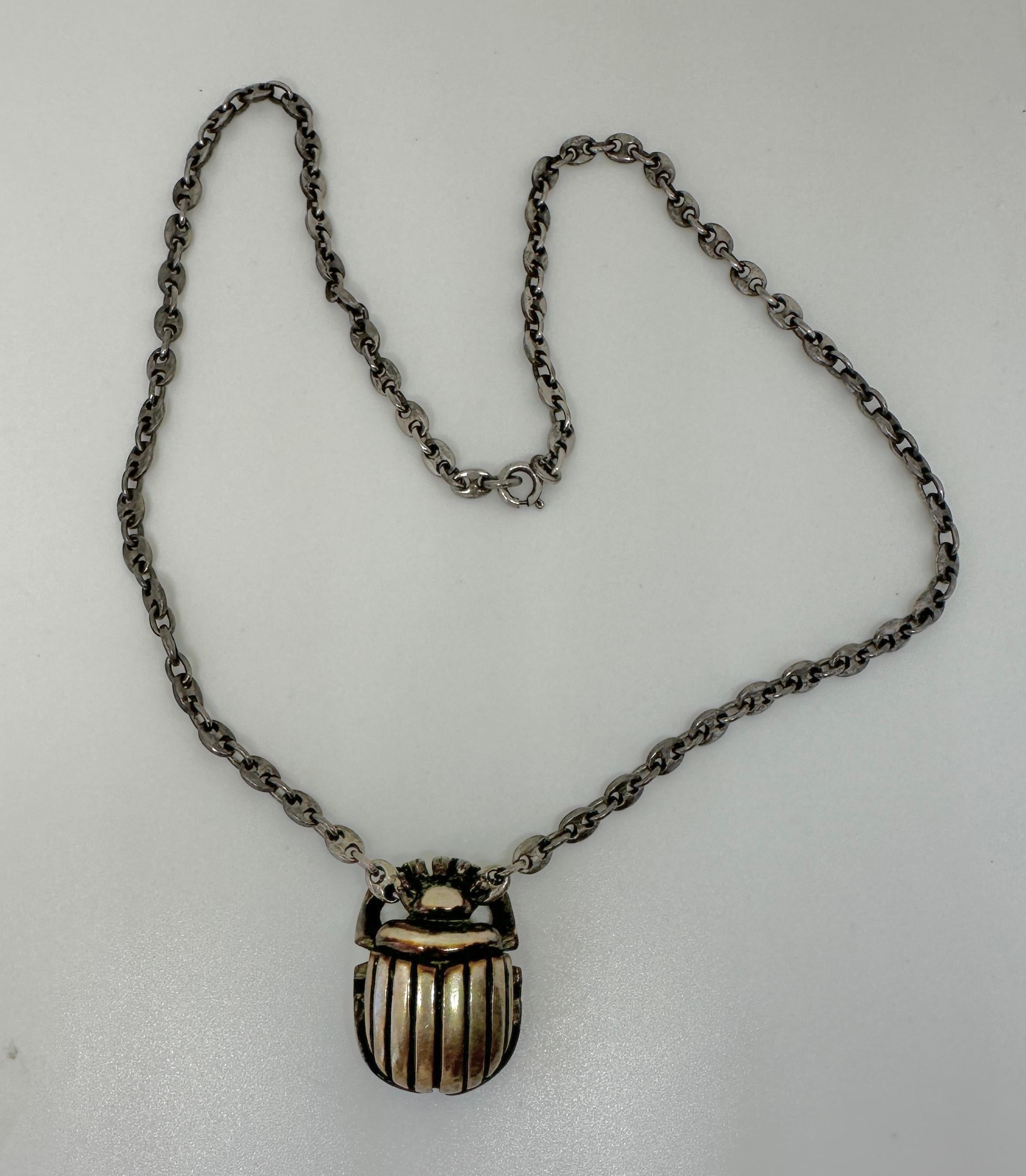 Art Deco Egyptian Revival Scarab Pendant Necklace Sterling Silver  For Sale 5