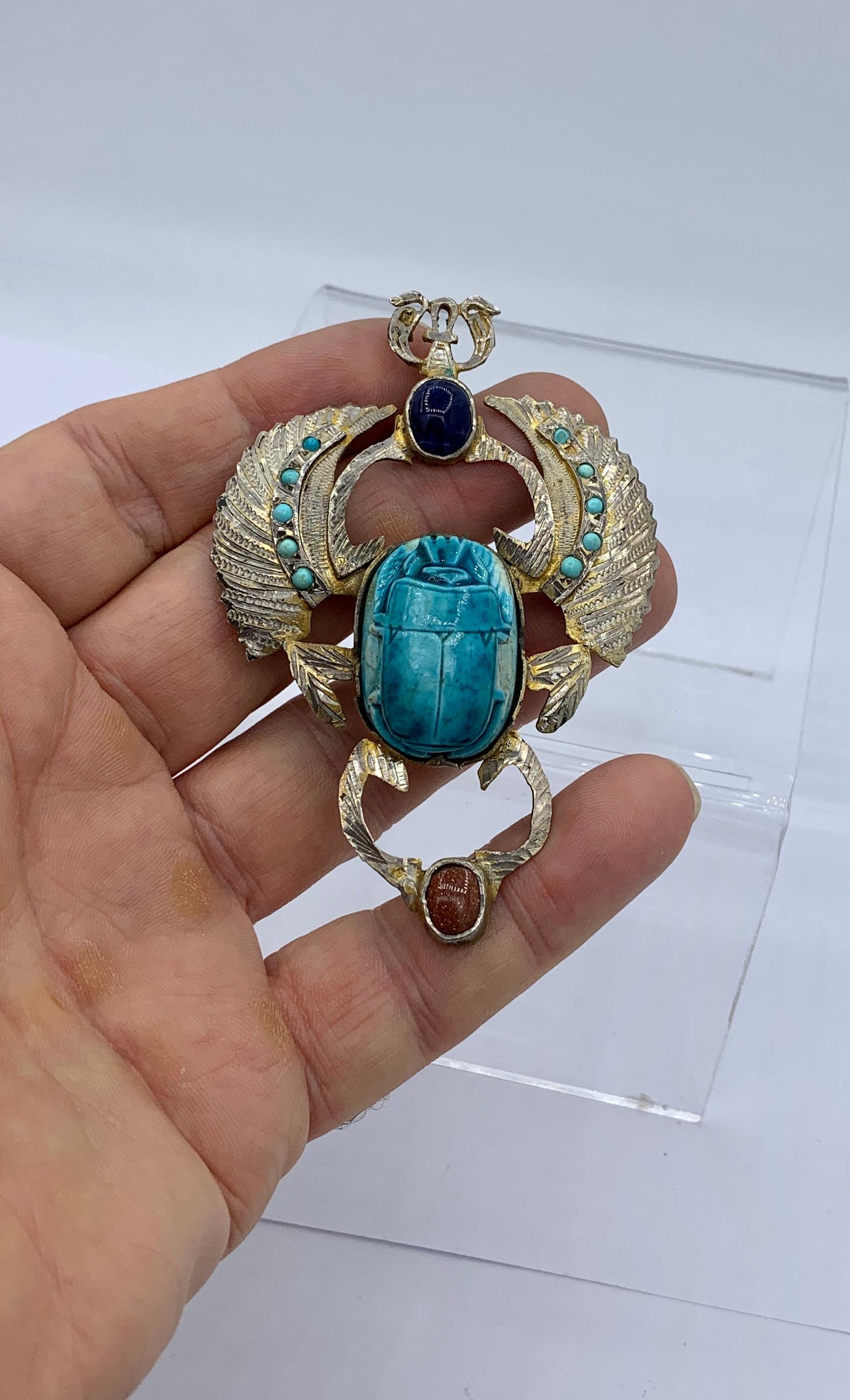 Cabochon Art Deco Egyptian Revival Scarab Pendant Necklace Turquoise Lapis Goldstone