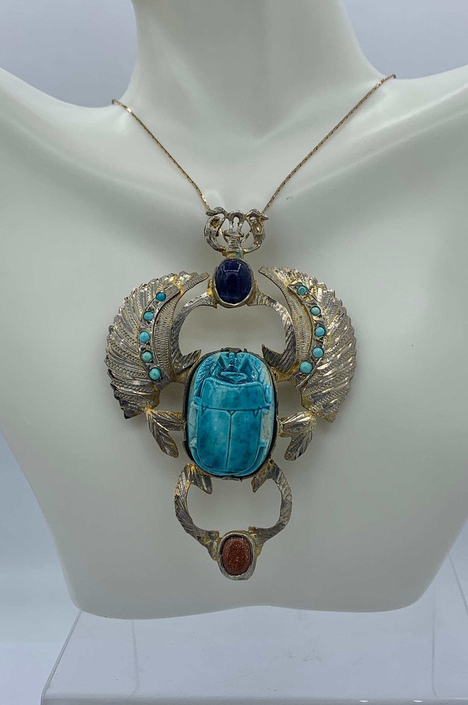 Women's or Men's Art Deco Egyptian Revival Scarab Pendant Necklace Turquoise Lapis Goldstone