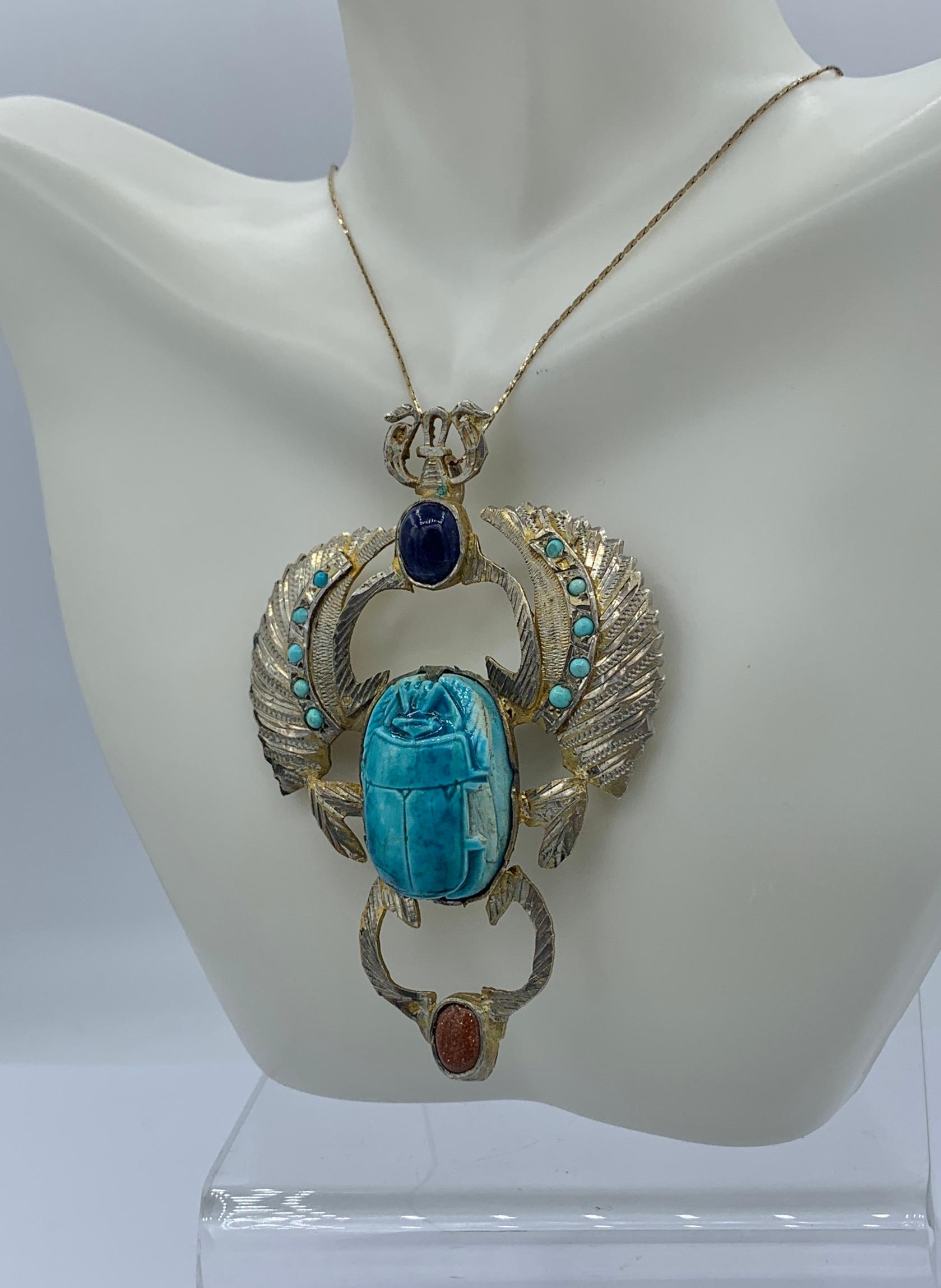 Art Deco Egyptian Revival Scarab Pendant Necklace Turquoise Lapis Goldstone 1