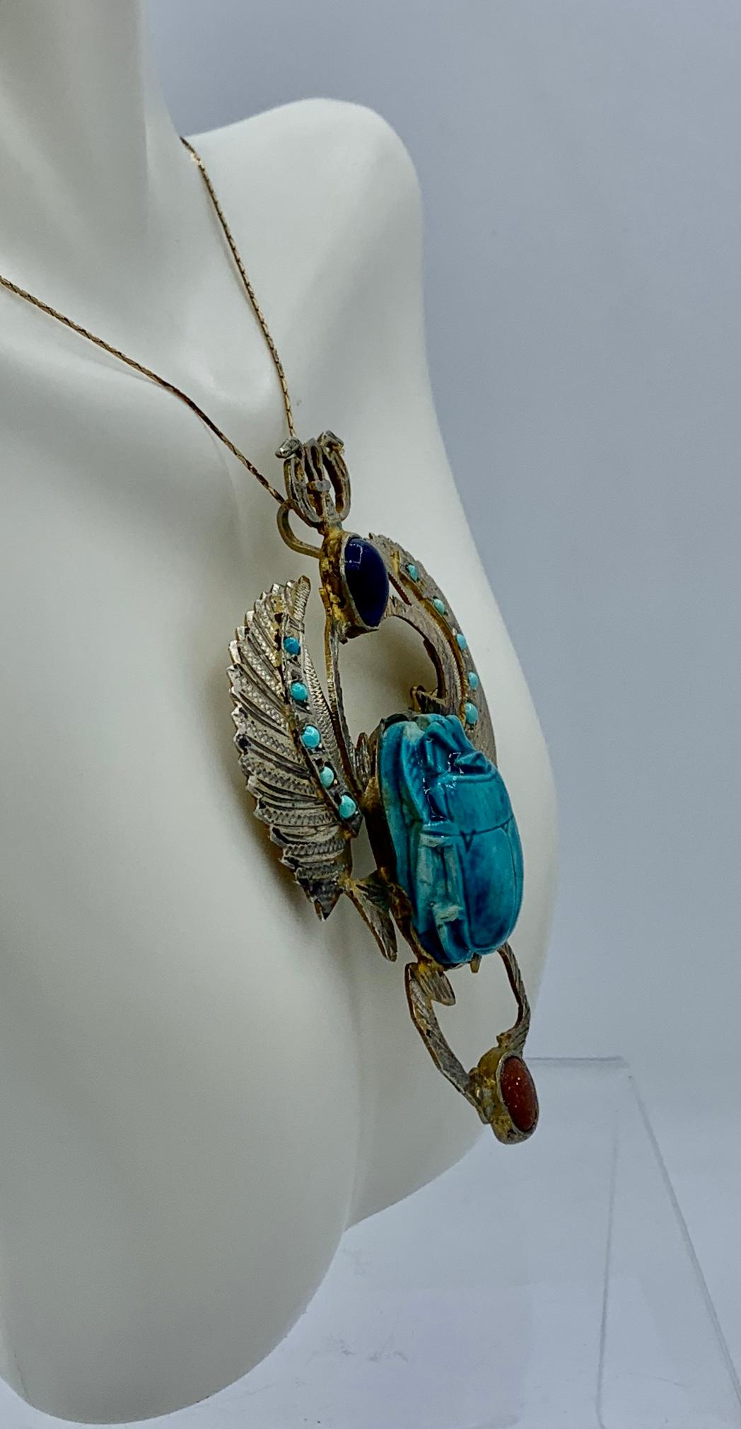 Art Deco Egyptian Revival Scarab Pendant Necklace Turquoise Lapis Goldstone 2