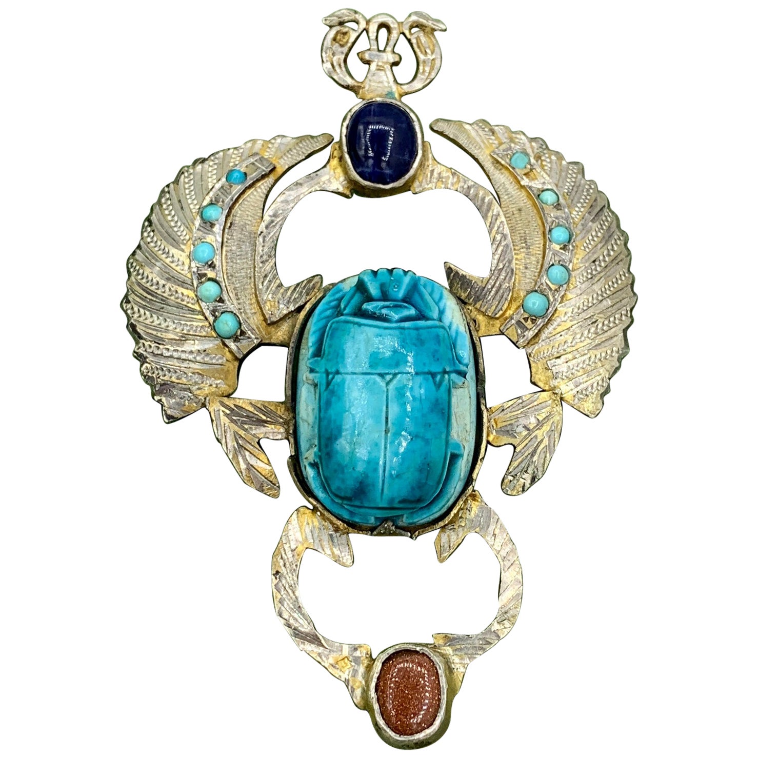 Art Deco Egyptian Revival Scarab Pendant Necklace Turquoise Lapis Goldstone