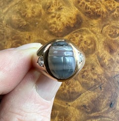 Art Deco Egyptian Revival Scarab Ring Banded Agate Old Mine Cut Diamond Ring