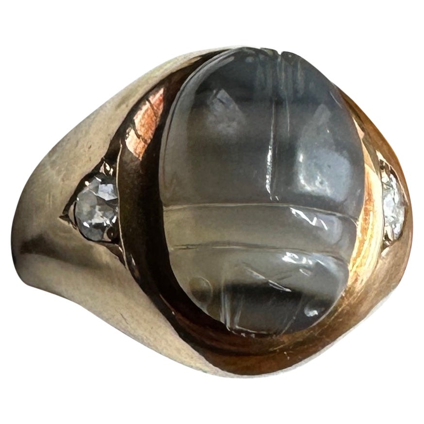 Art Deco Egyptian Revival Scarab Ring Banded Agate Old Mine Cut Diamond Ring For Sale