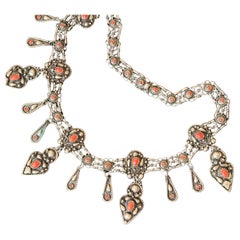 Art deco Egyptian Revival silver Coral bib necklace