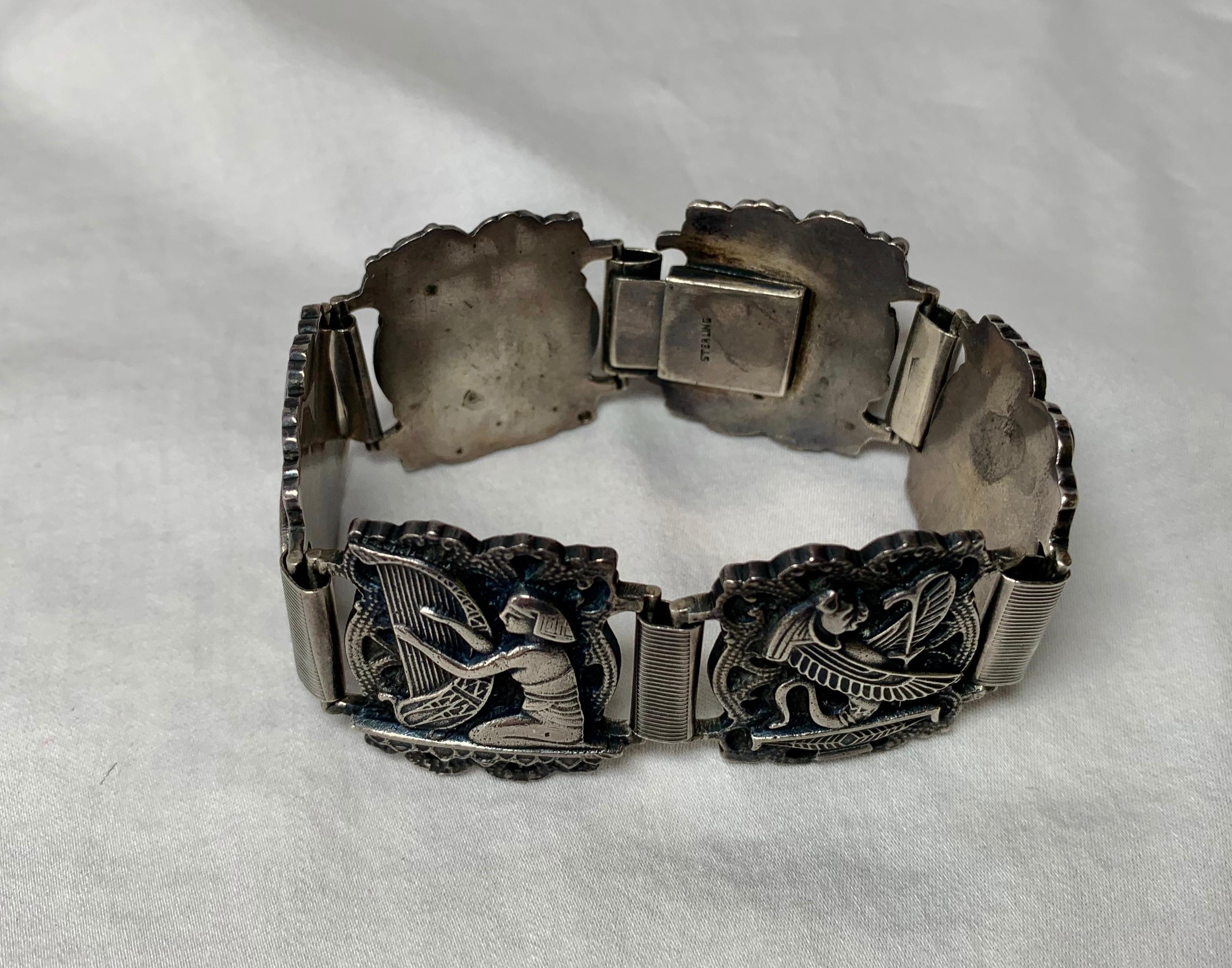 Art Deco Egyptian Revival Sphinx Bracelet Bastet Cat Sterling Silver 3