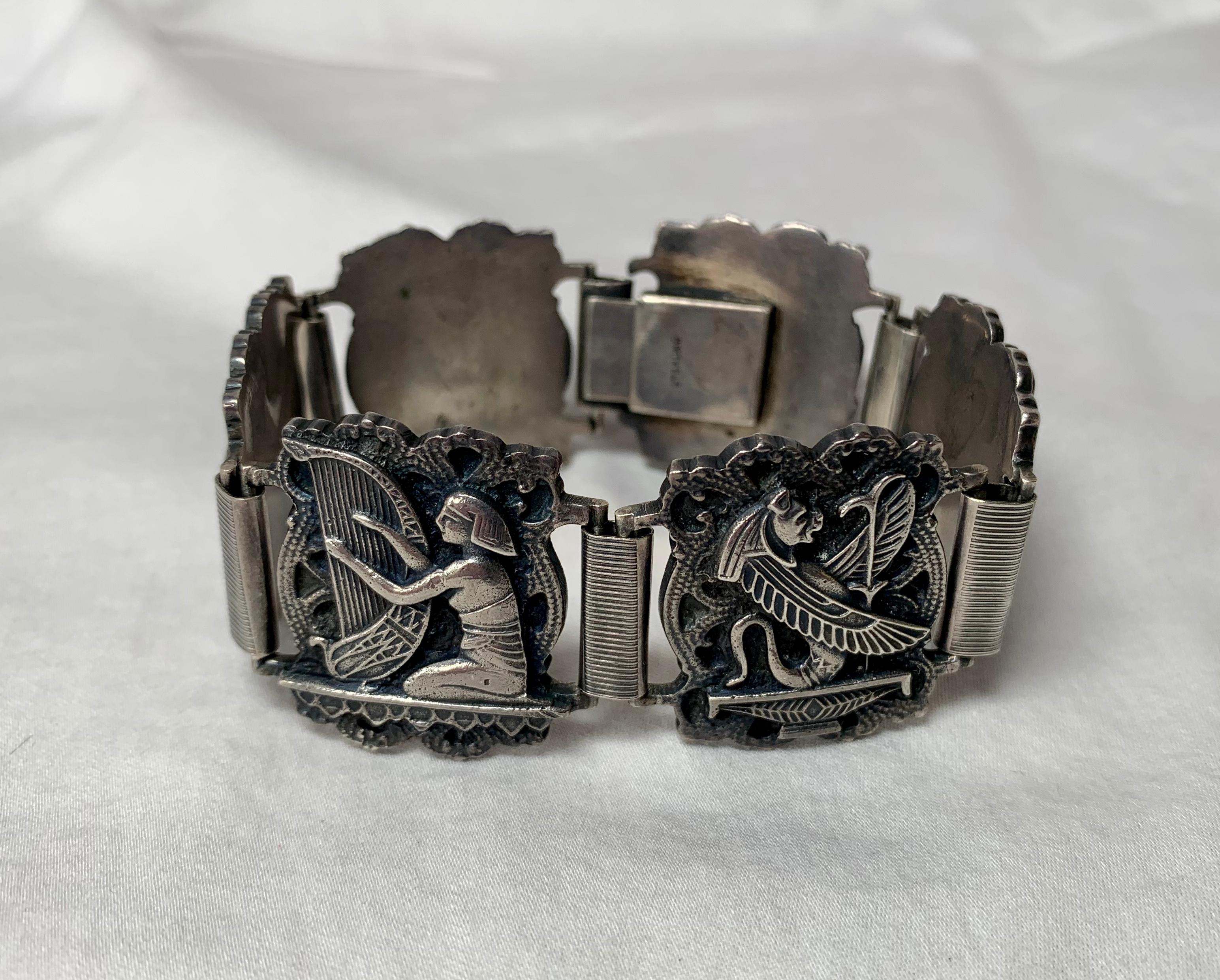Art Deco Egyptian Revival Sphinx Bracelet Bastet Cat Sterling Silver In Good Condition In New York, NY
