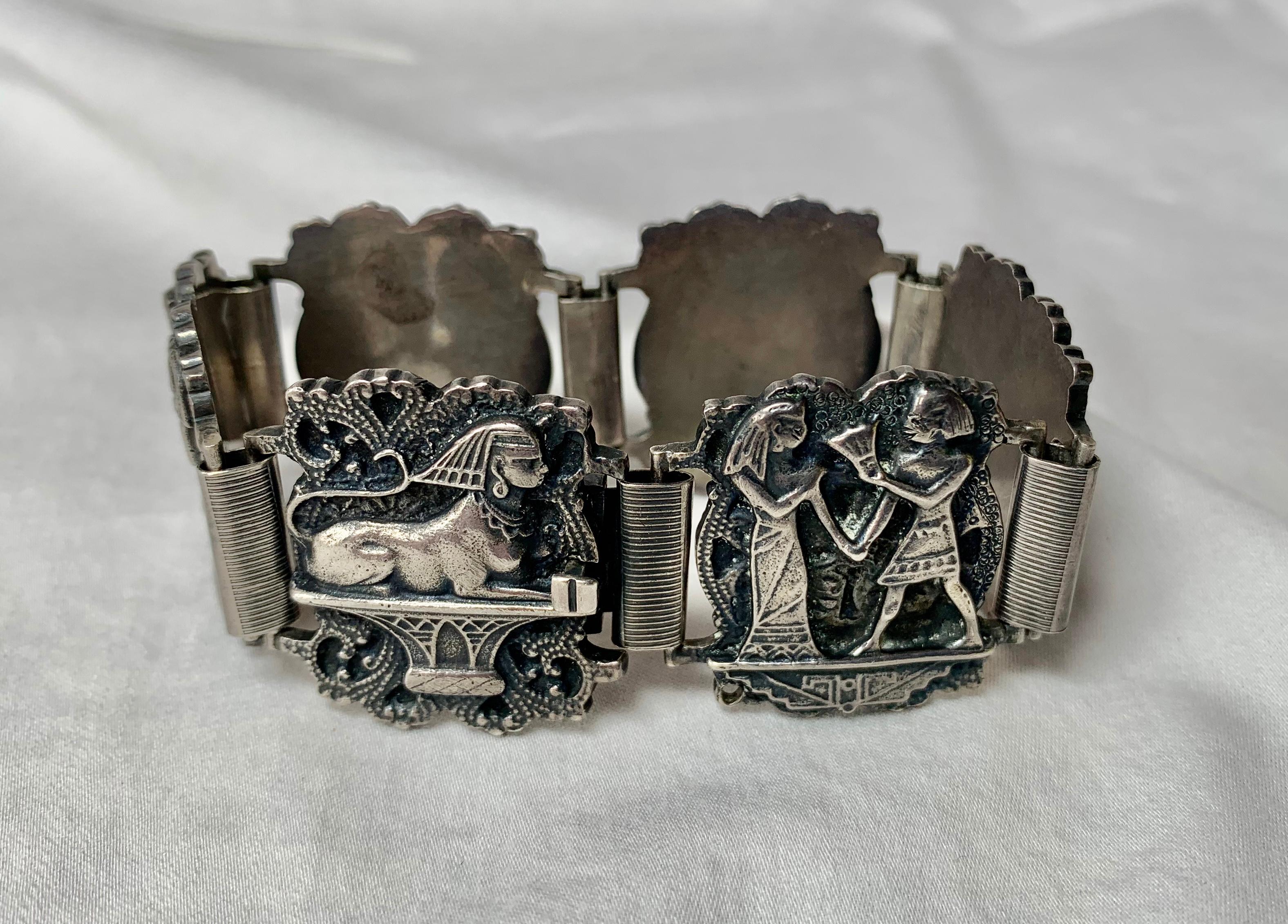 Women's Art Deco Egyptian Revival Sphinx Bracelet Bastet Cat Sterling Silver