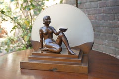 Art Deco Egyptian Style Bronzed Lady Sculpture & Moonlight Silhouette Table Lamp