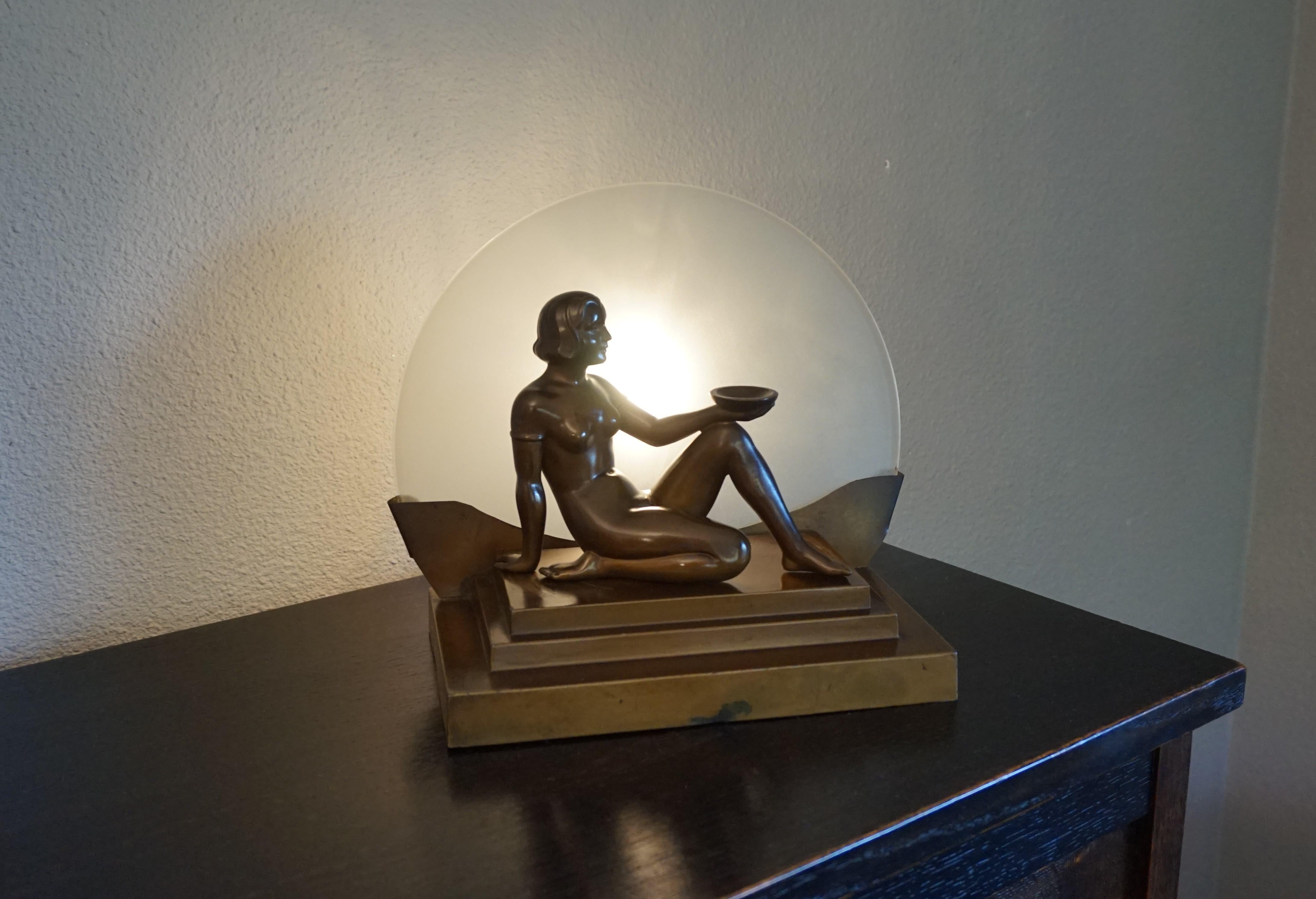 French Art Deco Egyptian Style Bronzed Lady Sculpture & Moonlight Silhouette Table Lamp