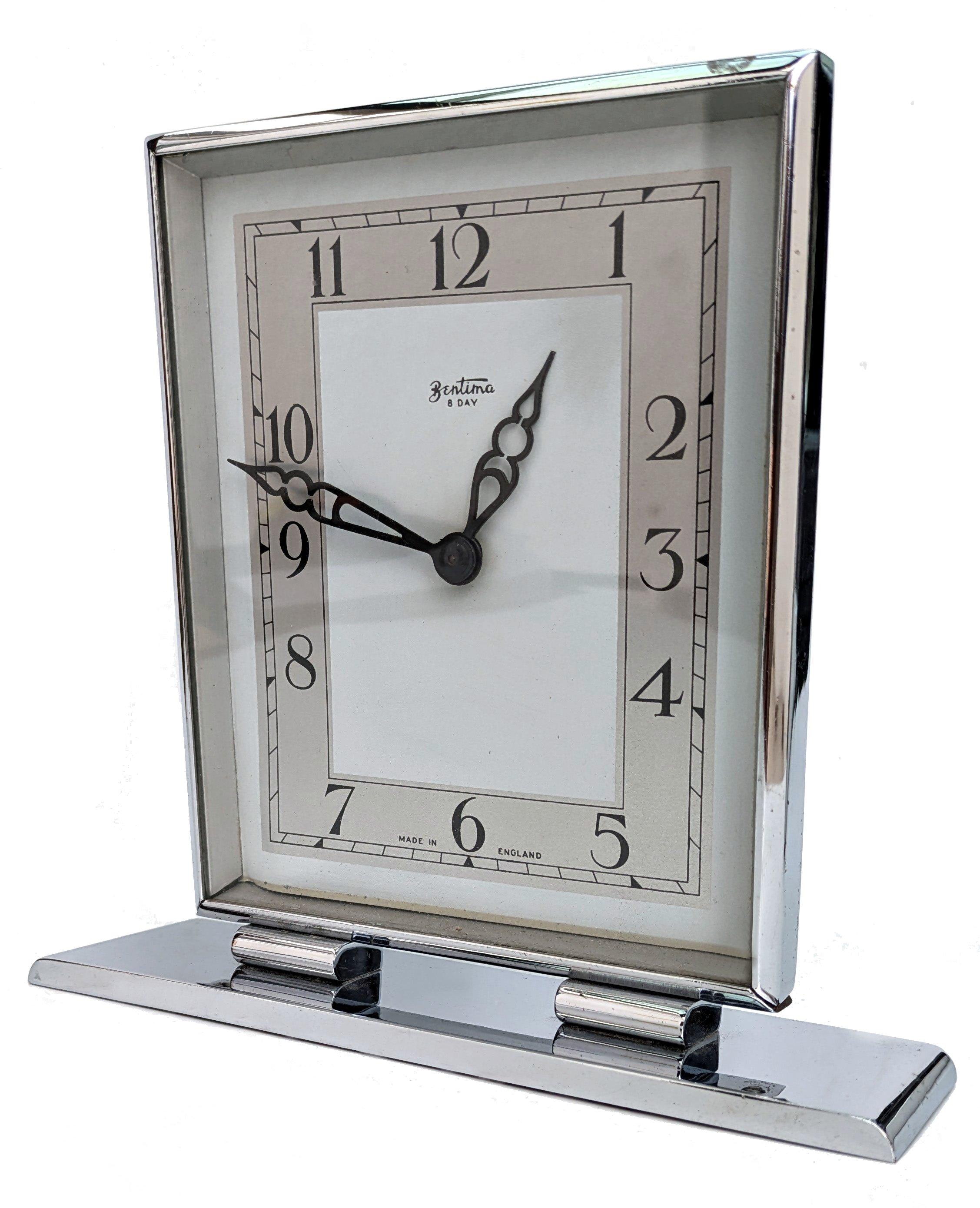 Reloj cromado Art Déco de ocho días de Bentima, c1930 en Bueno estado para la venta en Devon, England
