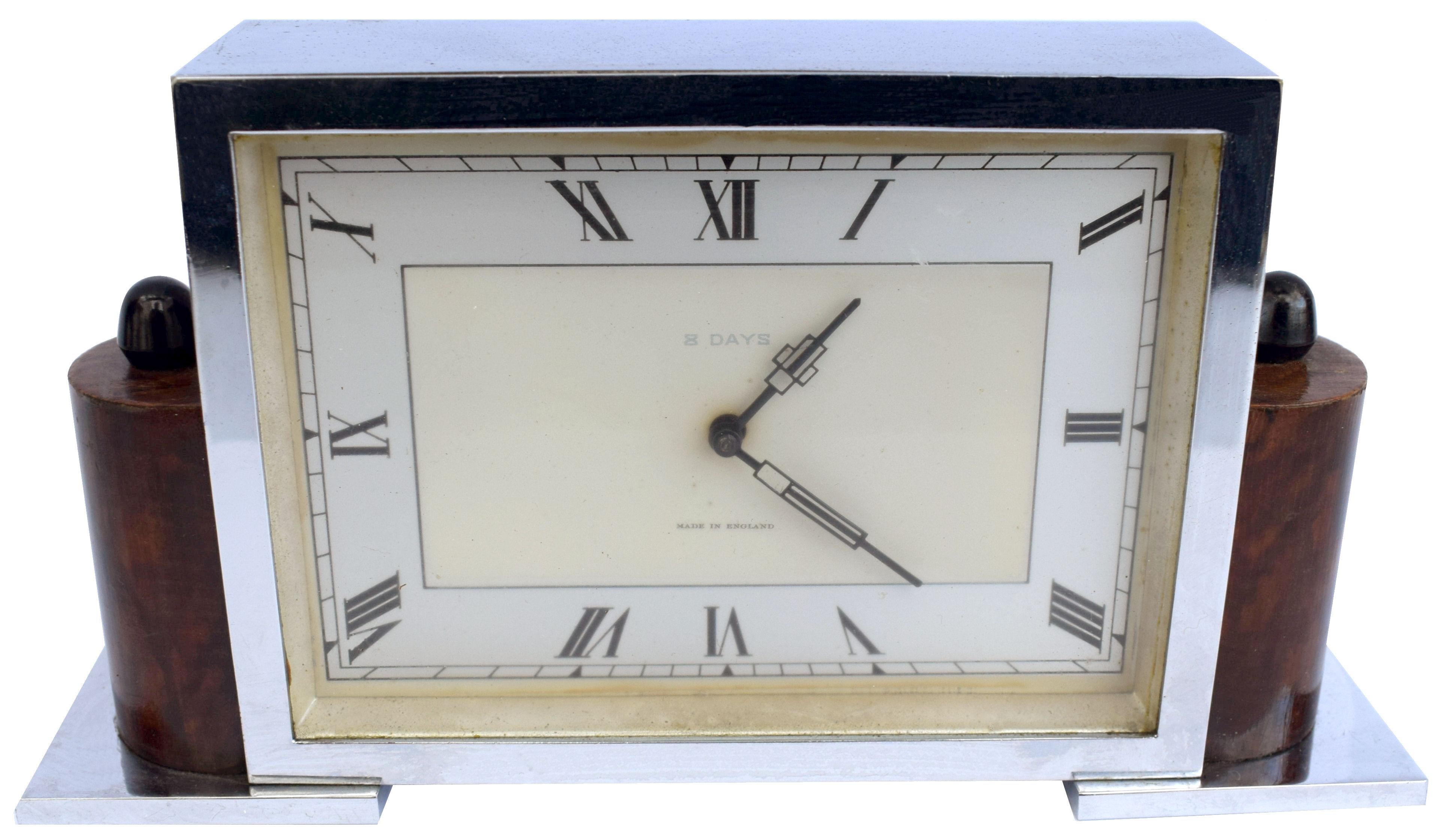Art Deco Eight Day English Chrome Clock In Good Condition In Devon, England