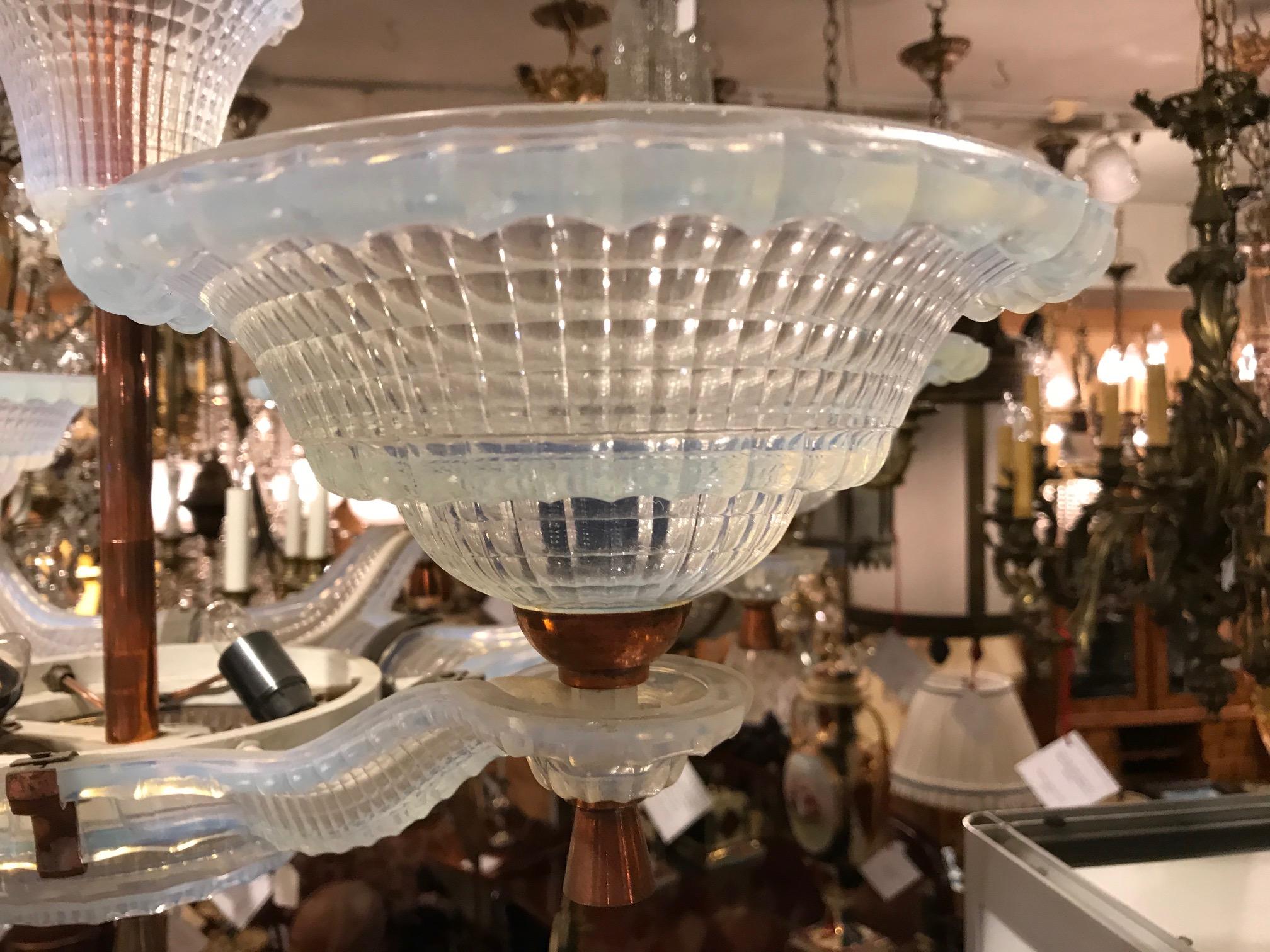 Art Deco Eight-Light Opalescent Glass and Copper mounted chandelier In Good Condition In Montreal, QC