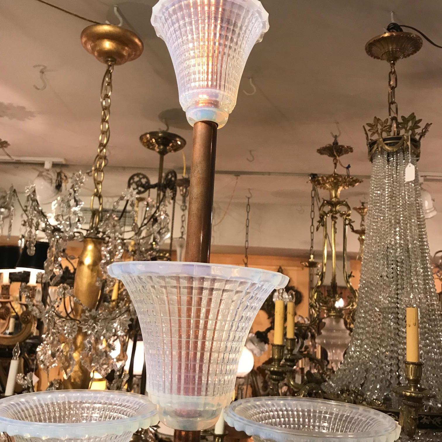 Mid-20th Century Art Deco Eight-Light Opalescent Glass and Copper mounted chandelier