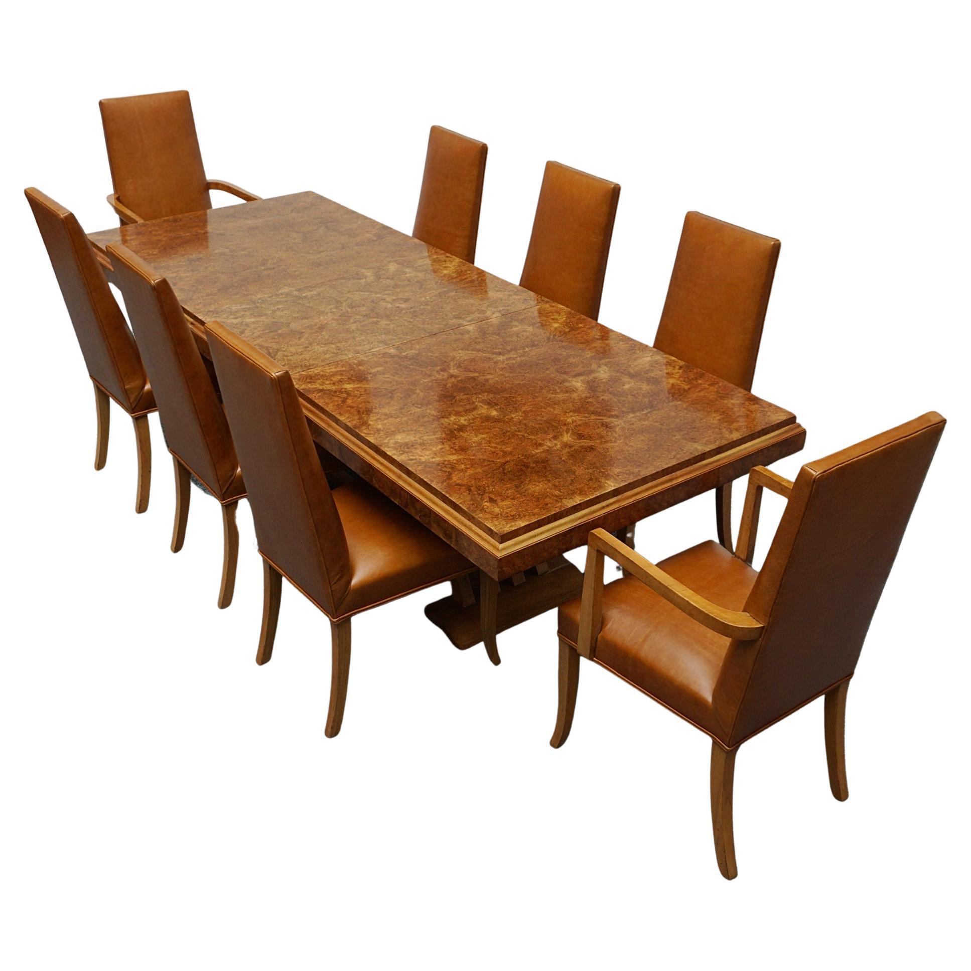 Art Deco Eight Seater Extendable Dining Table, Six Dining Chairs & Two Carvers For Sale