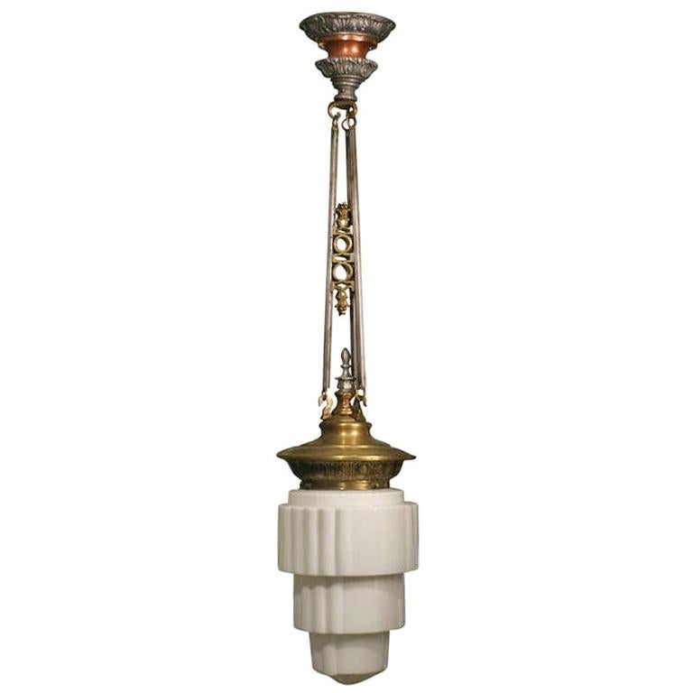 Art Deco Electric Ceiling Pendant with Stepped Glass Globe