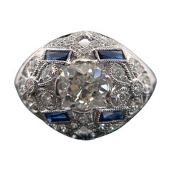 Art Deco Elegance: 18K Gold GIA Certified Natural Diamond and Sapphire Ring