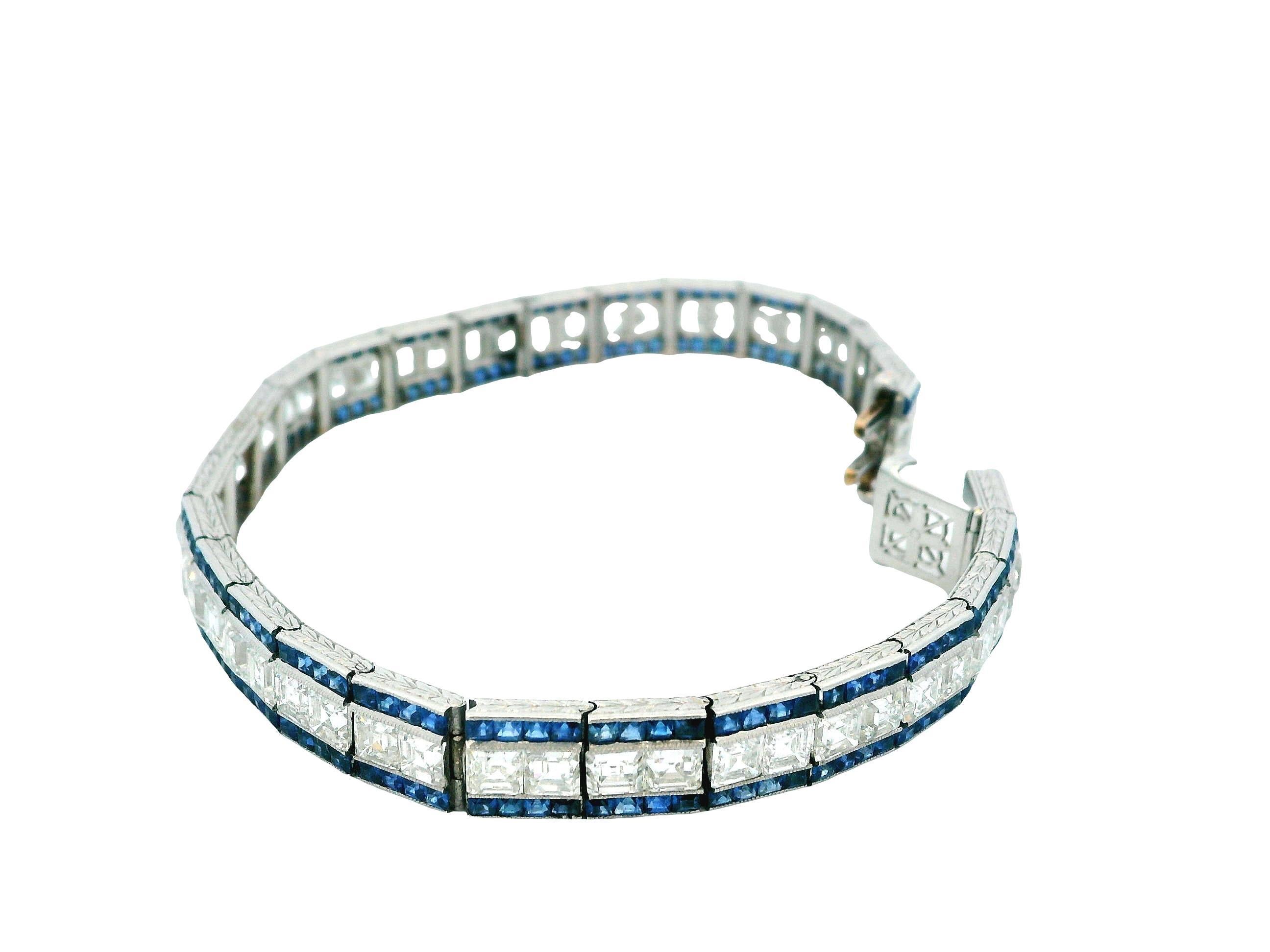 Elegancia Art Decó: Pulsera de platino, diamantes y zafiros Corte Asscher en venta